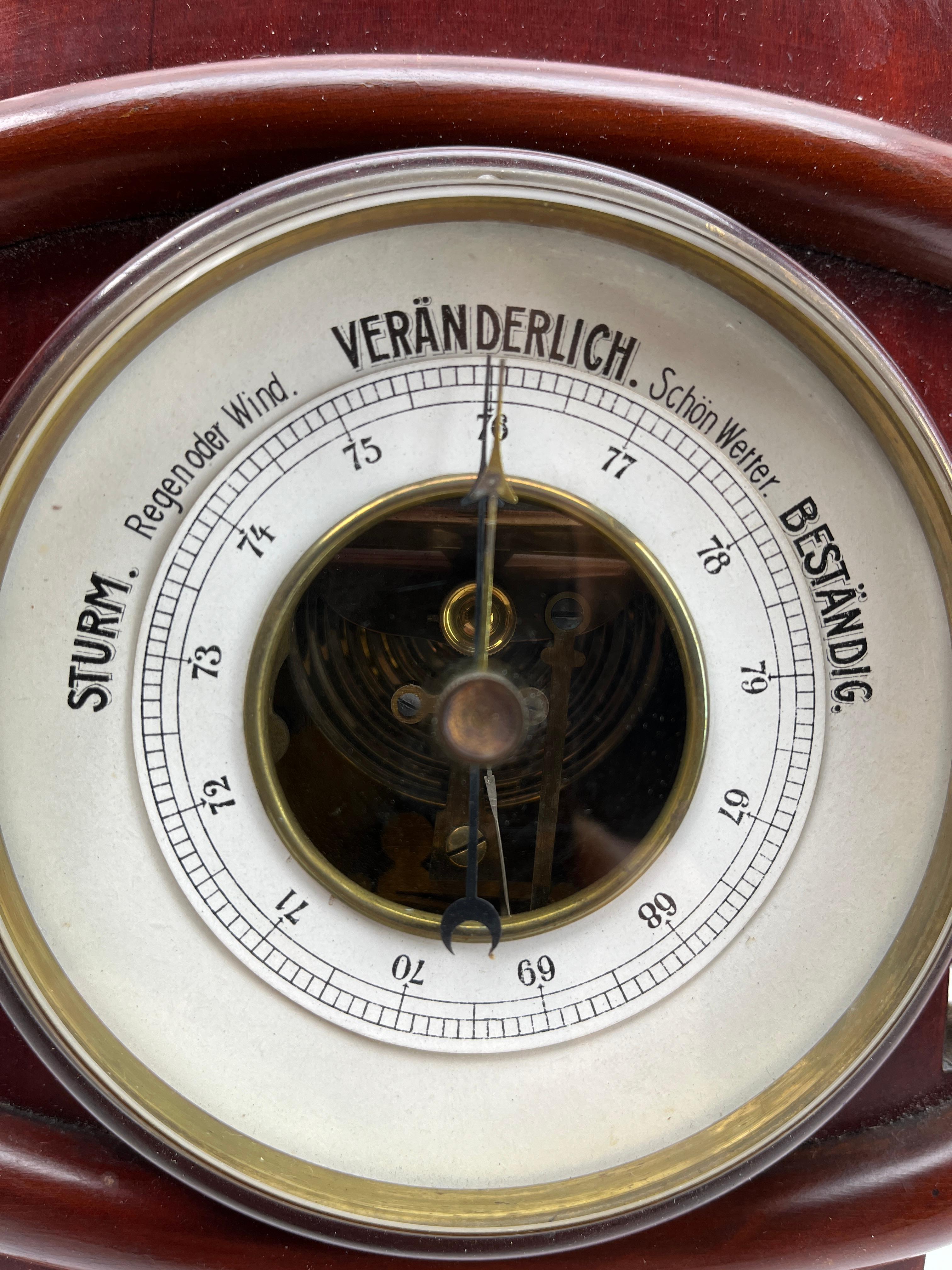 Art Deco Style Barometer with Mercury Thermometer Weather Station Antique Decorative Cherrywood Wall Barometer Austria 1920s

Please don't hesitate to get in touch with any further questions.  
With best wishes, Geert
Early Bird
