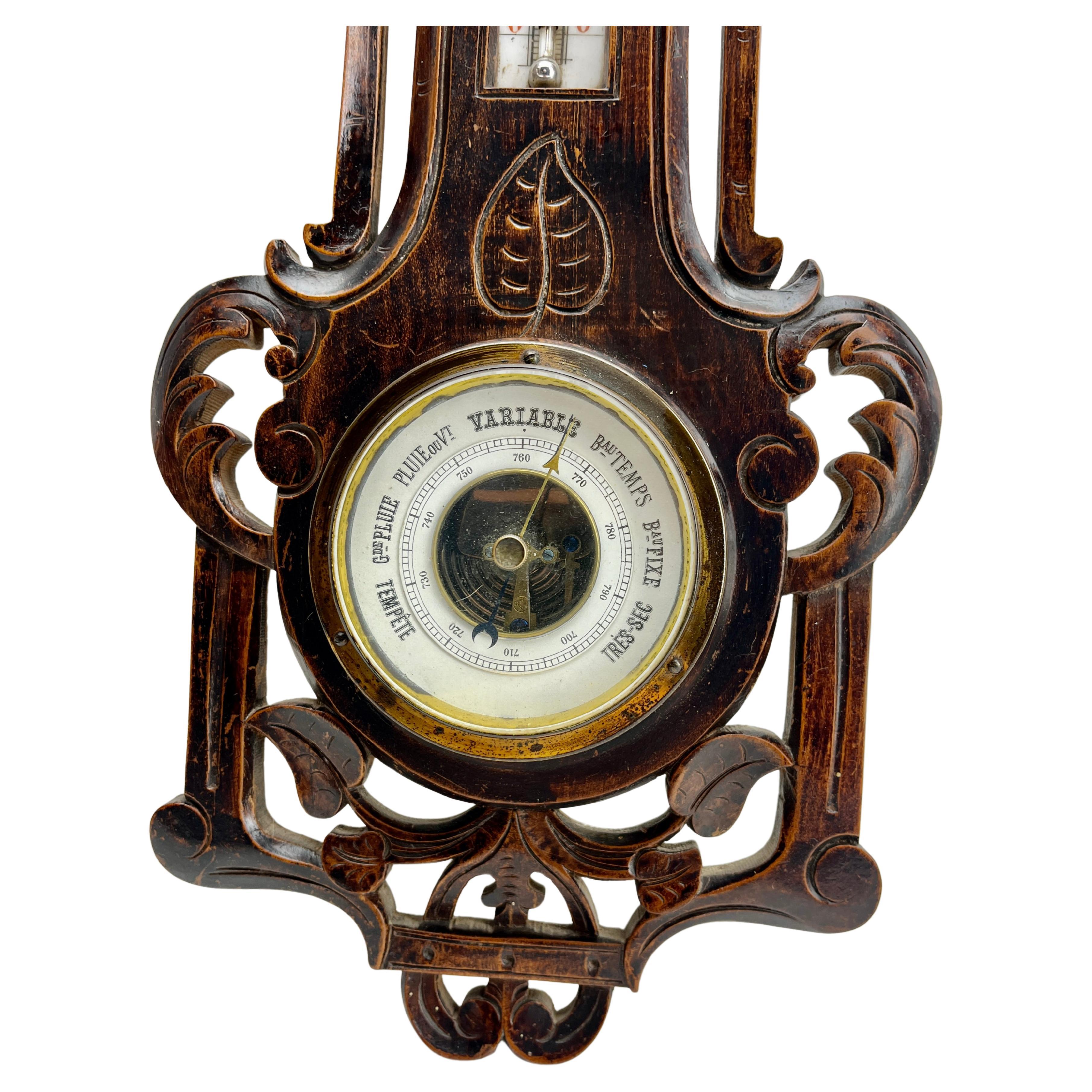 Belgian Wall-Mounted Large Weather Station in Art Nouveau Style Carved Walnut Belgium For Sale