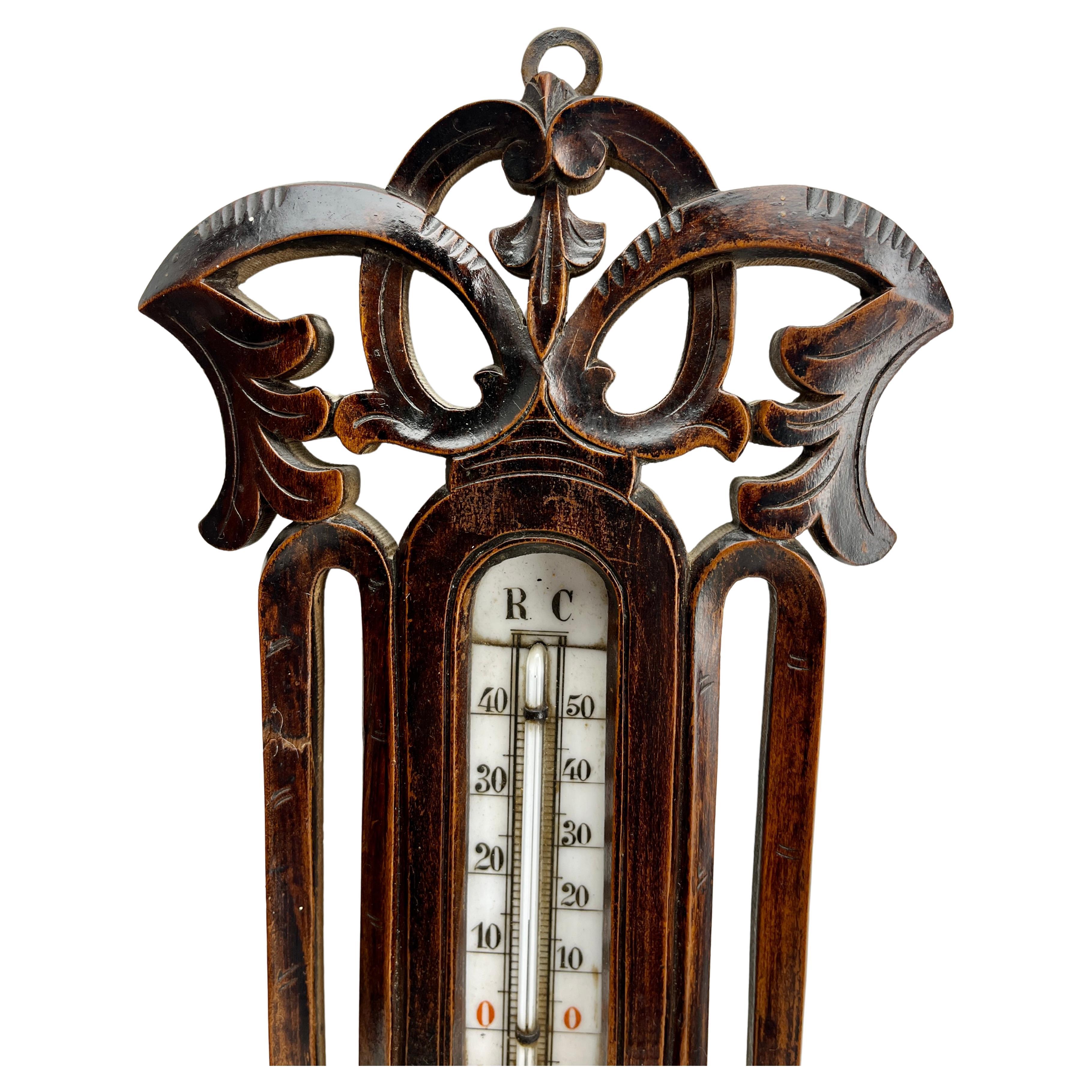 Wall-Mounted Large Weather Station in Art Nouveau Style Carved Walnut Belgium In Good Condition For Sale In Verviers, BE
