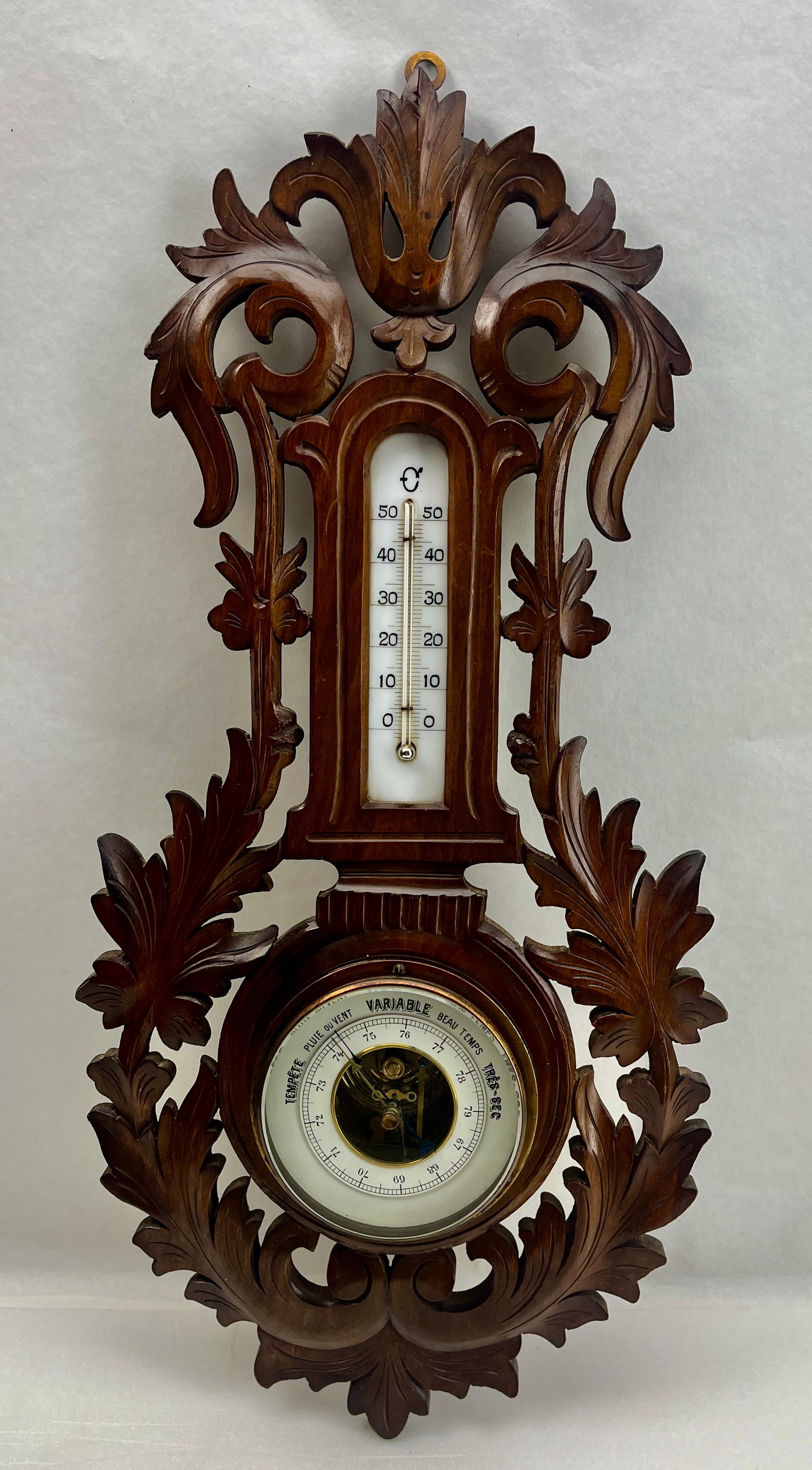 Early 20th Century Wall-Mounted Large Weather Station in Art Nouveau Style Carved Walnut Belgium For Sale