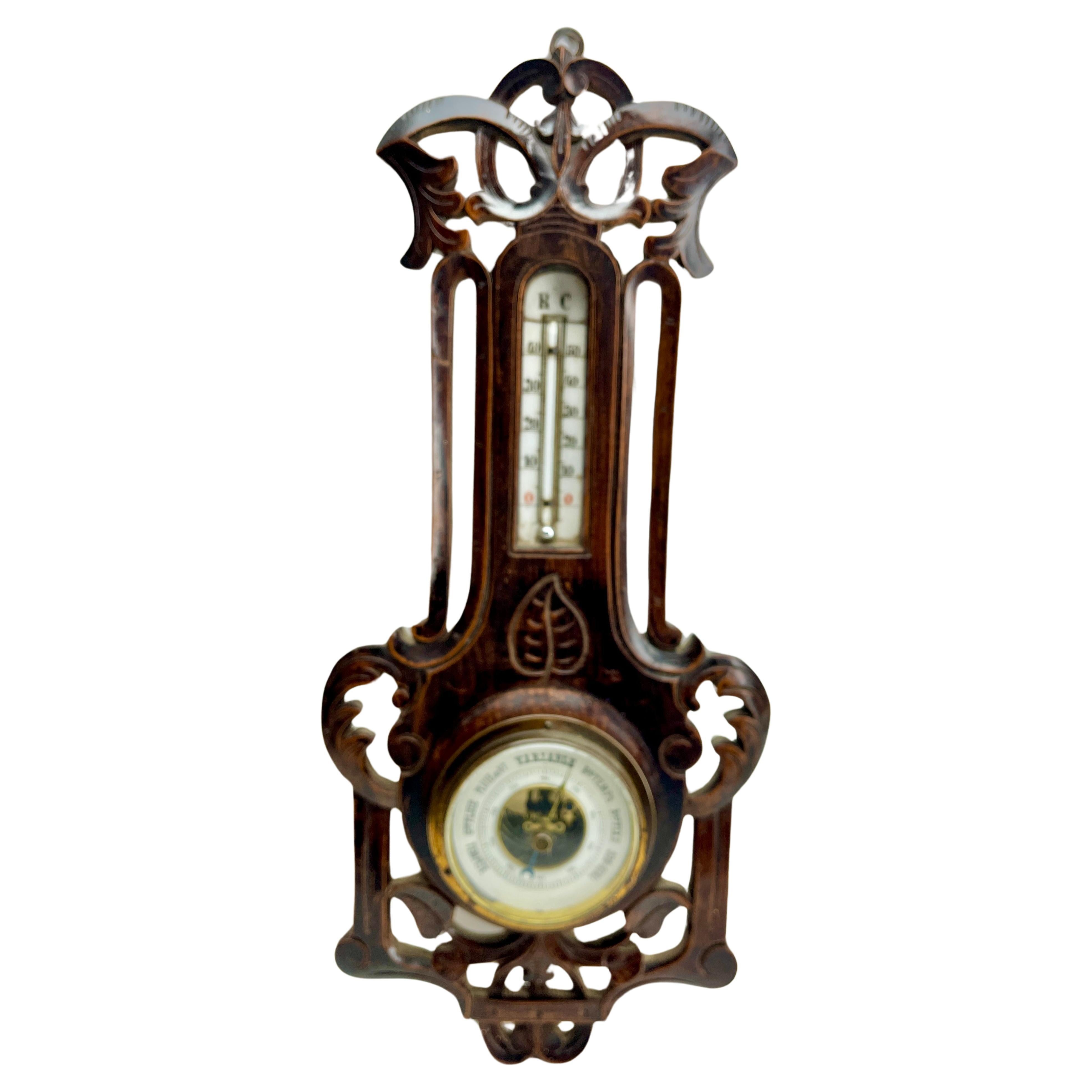 Early 20th Century Wall-Mounted Large Weather Station in Art Nouveau Style Carved Walnut Belgium For Sale