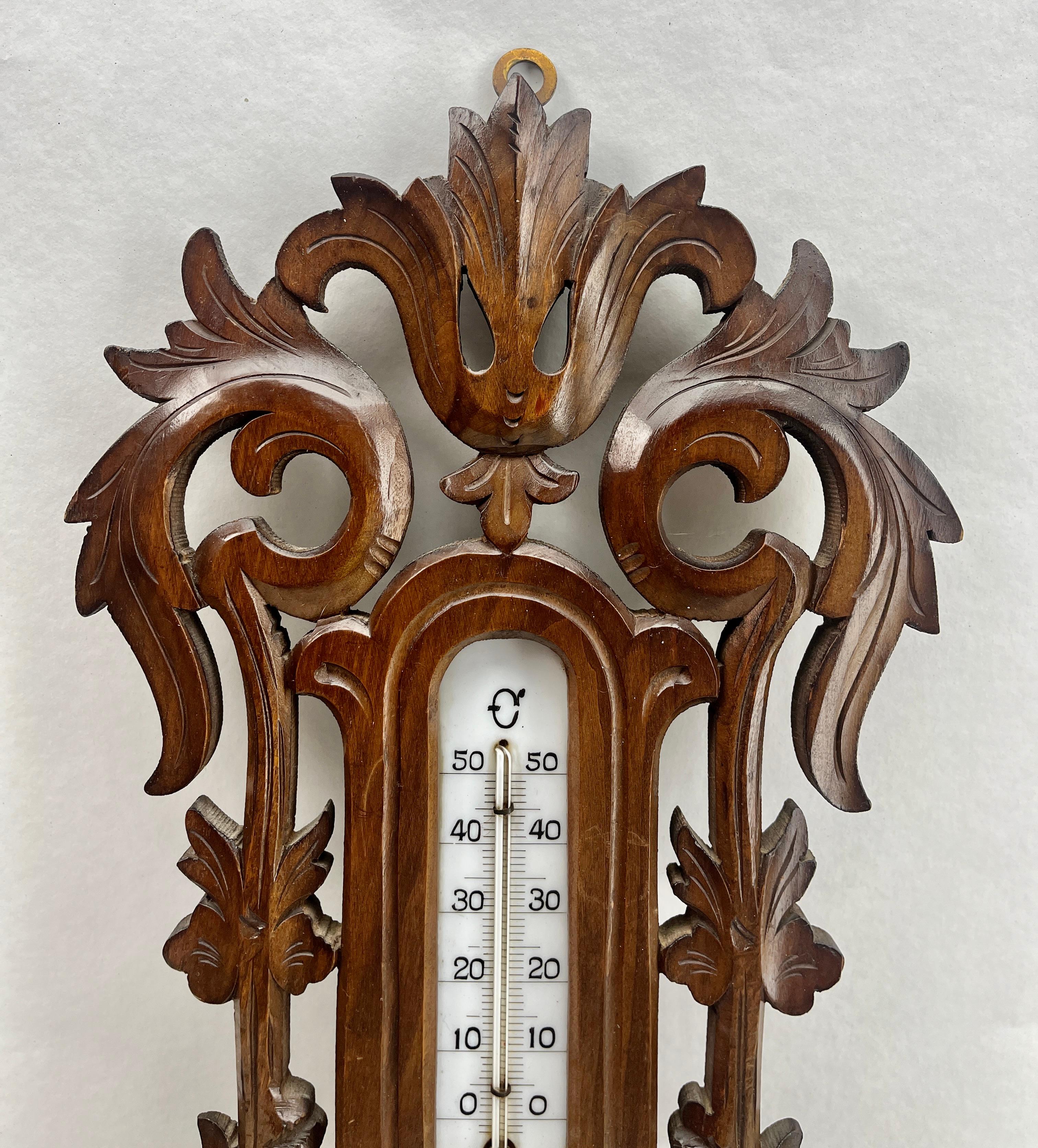 Wall-Mounted Large Weather Station in Art Nouveau Style Carved Walnut Belgium For Sale 1
