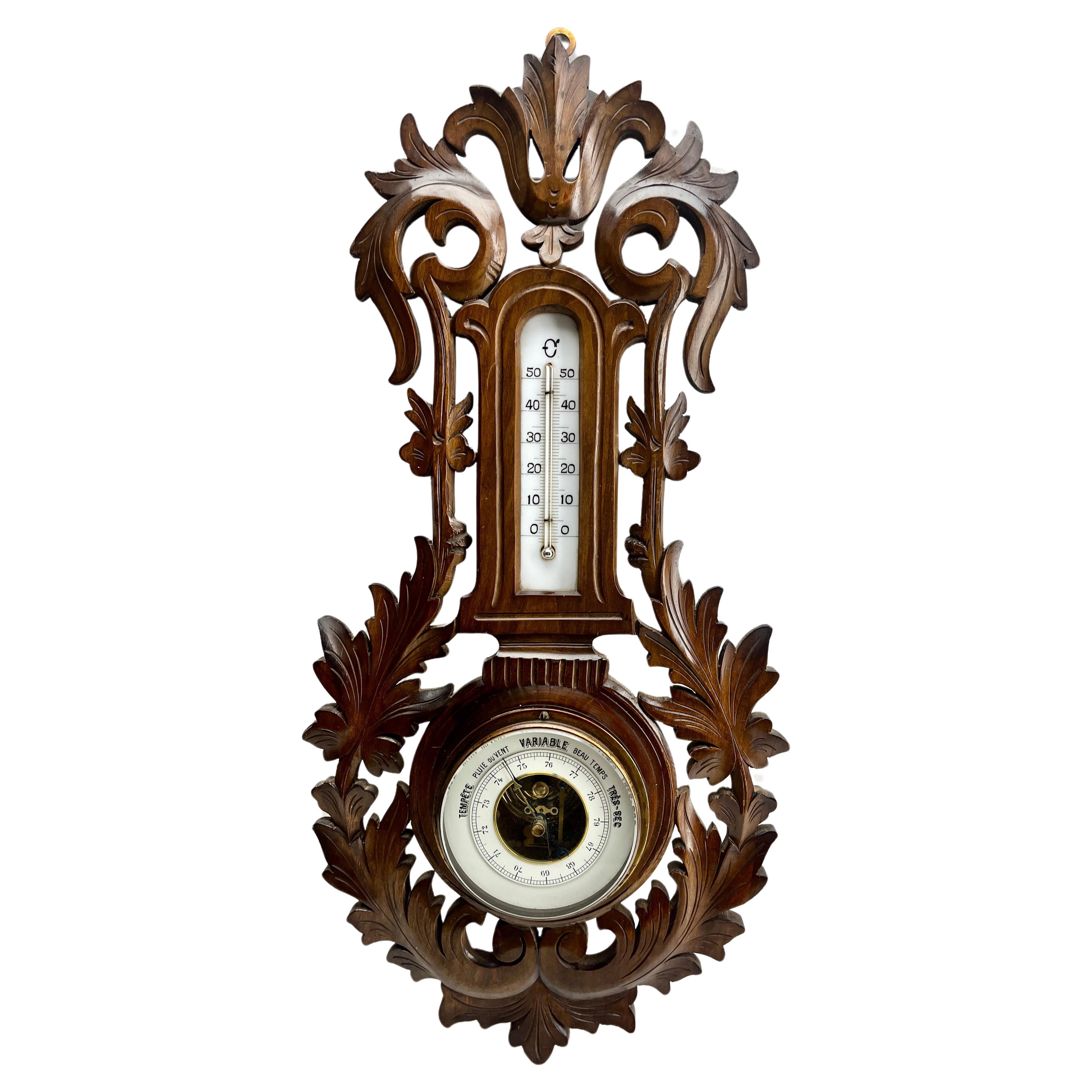 Wall-Mounted Large Weather Station in Art Nouveau Style Carved Walnut Belgium