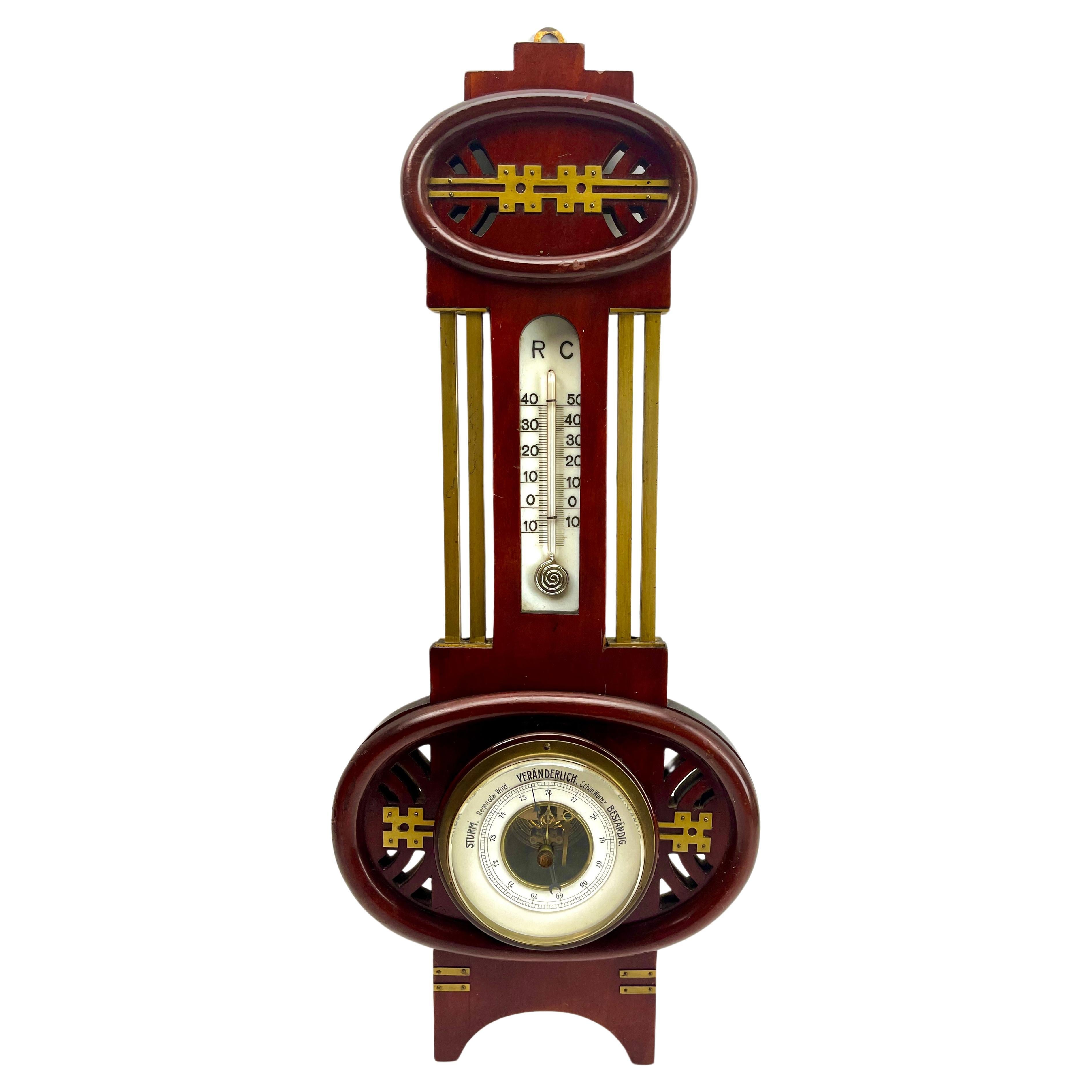 Wall-Mounted Large Weather Station in Art Nouveau Style Carved Walnut Belgium For Sale