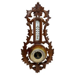 Wall-Mounted Large Weather Station in Art Nouveau Style Carved Walnut Belgium