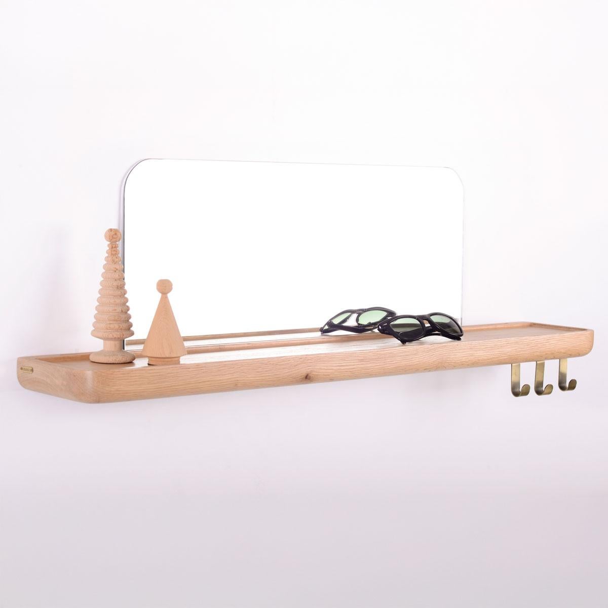 Hand-Crafted Wall-Mounted Mirror Shelf – Medium Size, Solid Oak For Sale