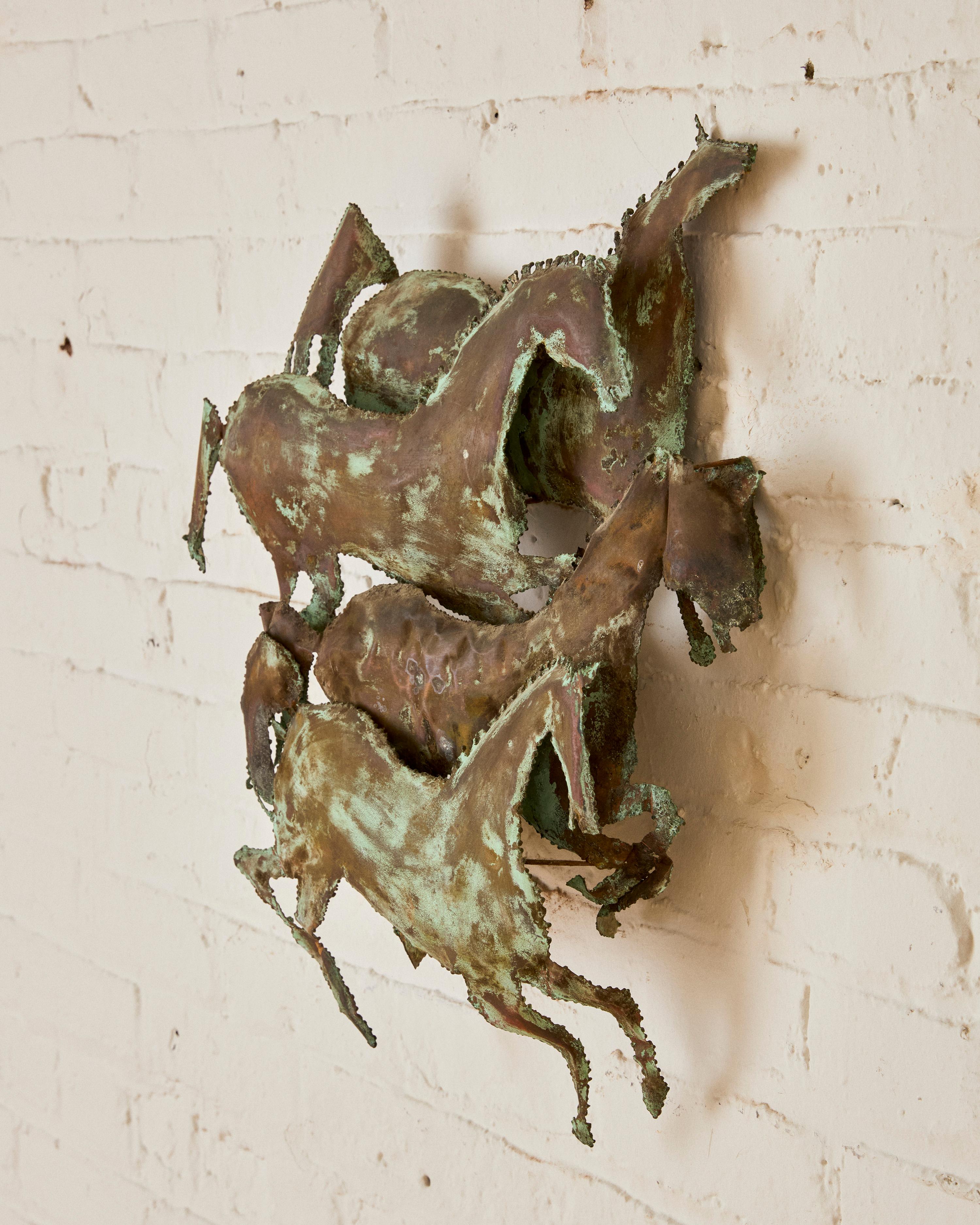 Mid-Century Modern Wall Mounted Patinated Copper Horses Sculpture