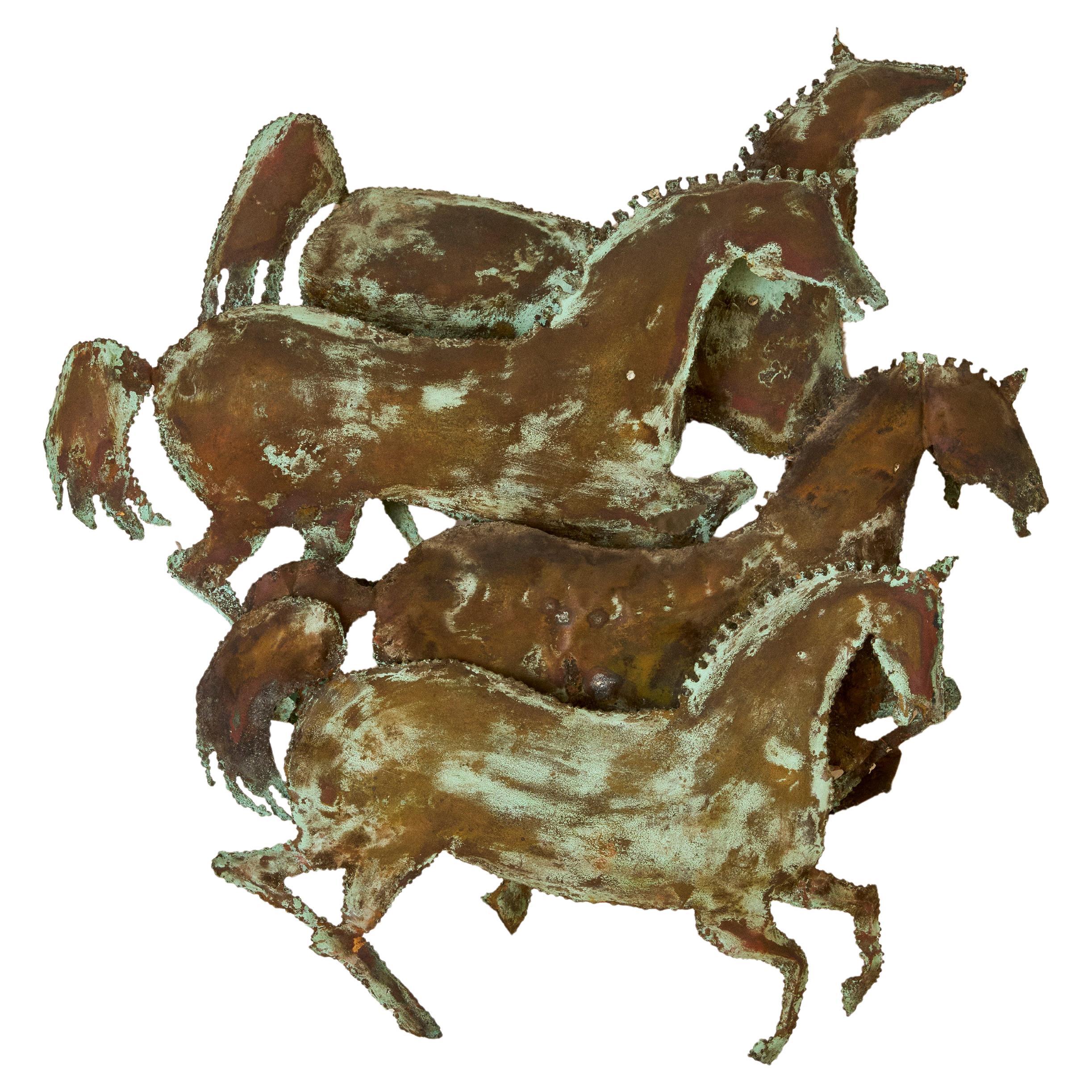 Wall Mounted Patinated Copper Horses Sculpture