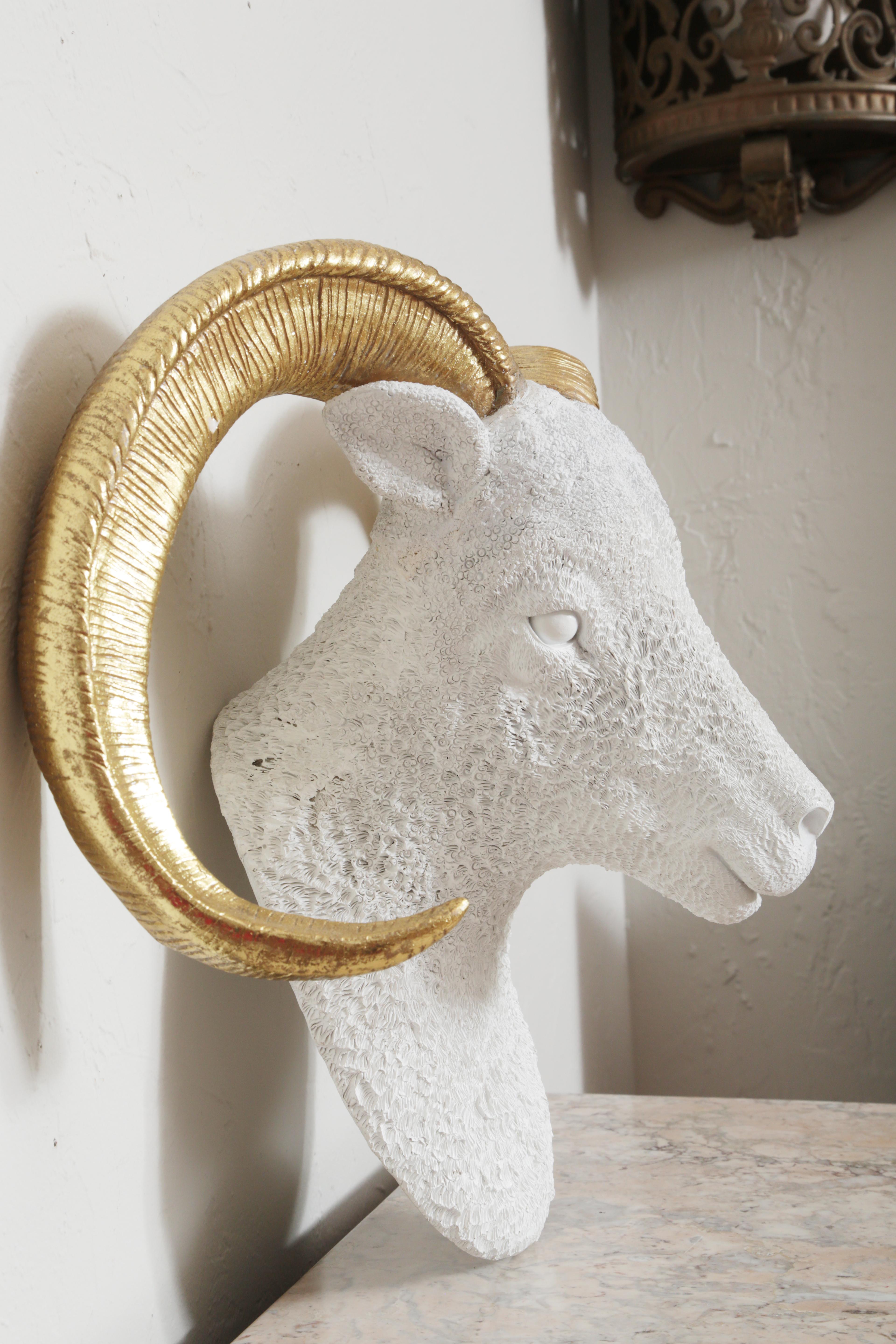 Wall Mounted Ram's Head with Gilded Horns In Good Condition In West Palm Beach, FL