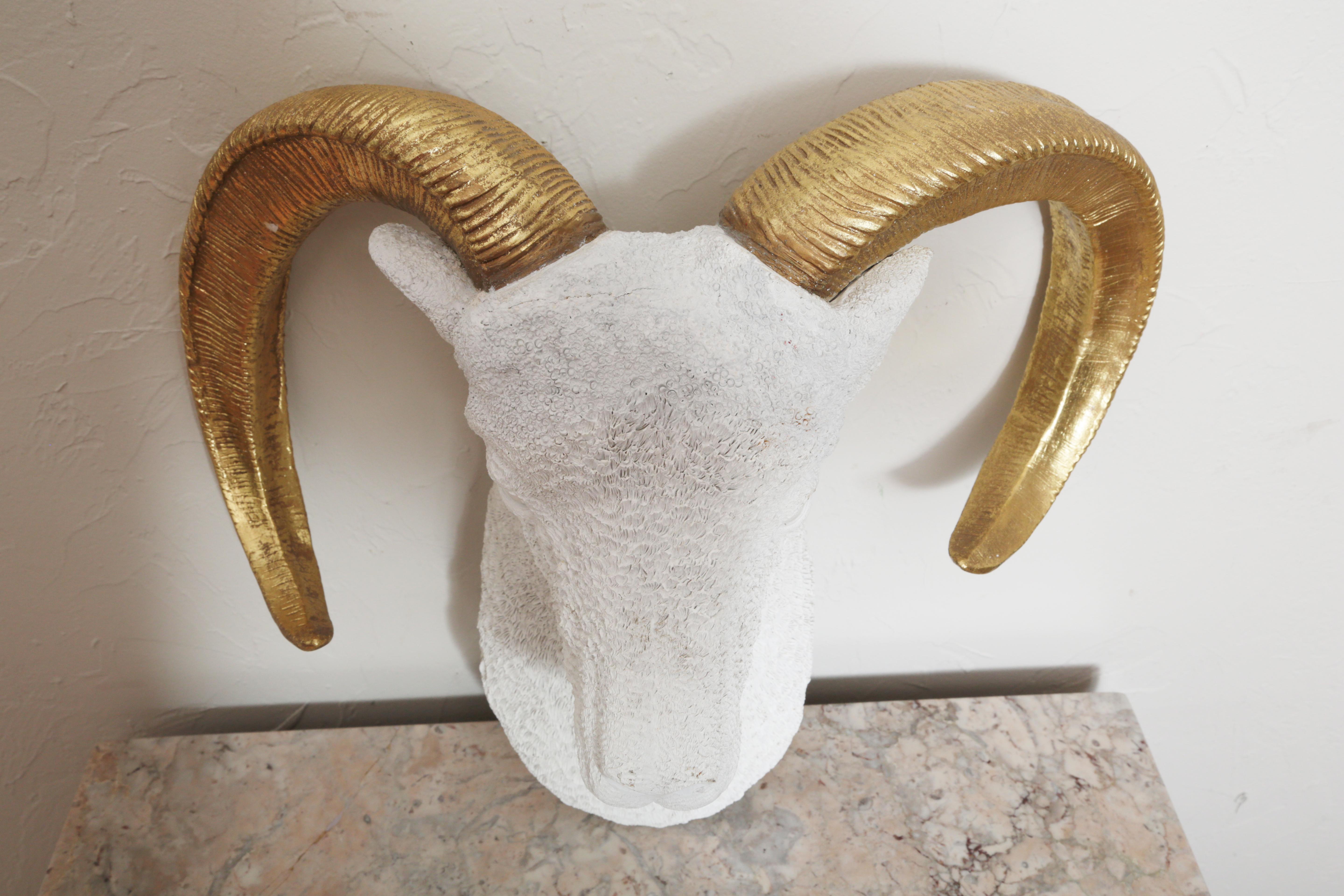 Composition Wall Mounted Ram's Head with Gilded Horns