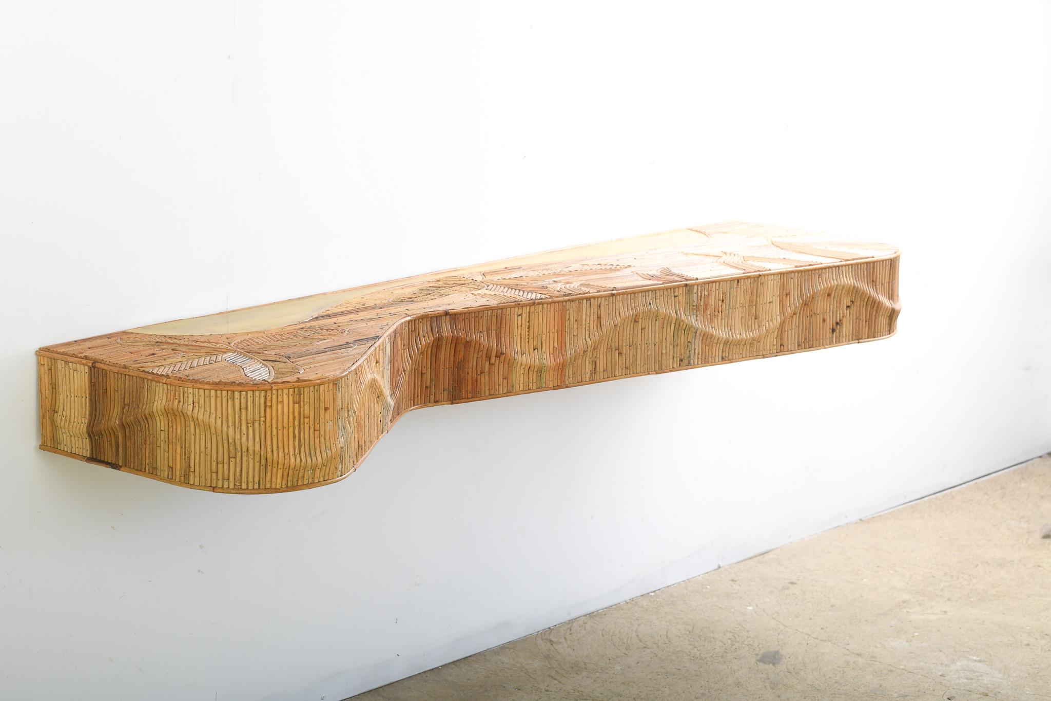 Mid-Century Modern Wall Mounted Rattan Pencil Reed Console Table For Sale