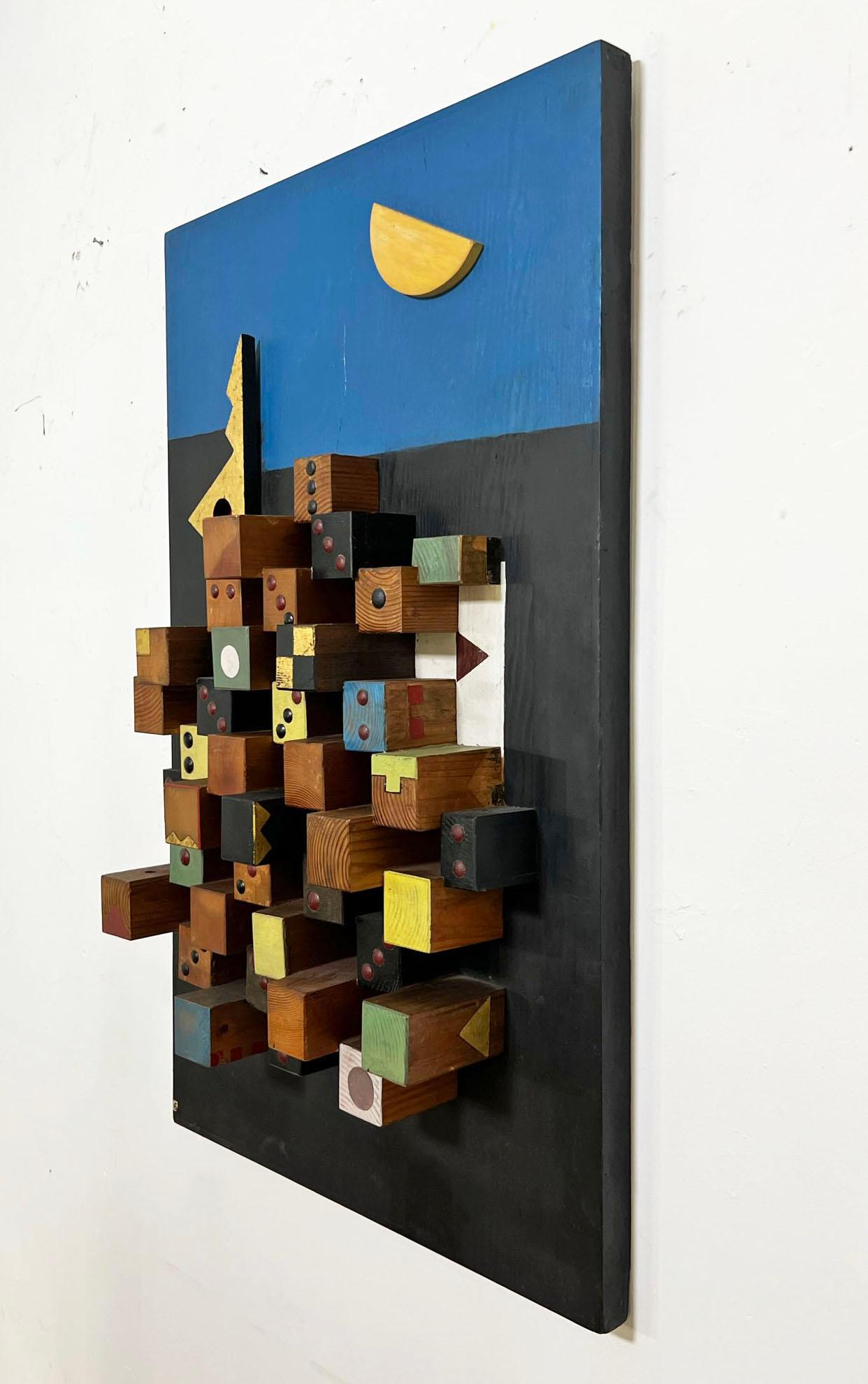 Three dimensional construction of painted and mounted blocks by the Chicago Imagist George Marshall Cohen (1919-1999). Cohen was a founder of the Chicago Museum of Contemporary Art and member of the important Monster Roster group of mid western