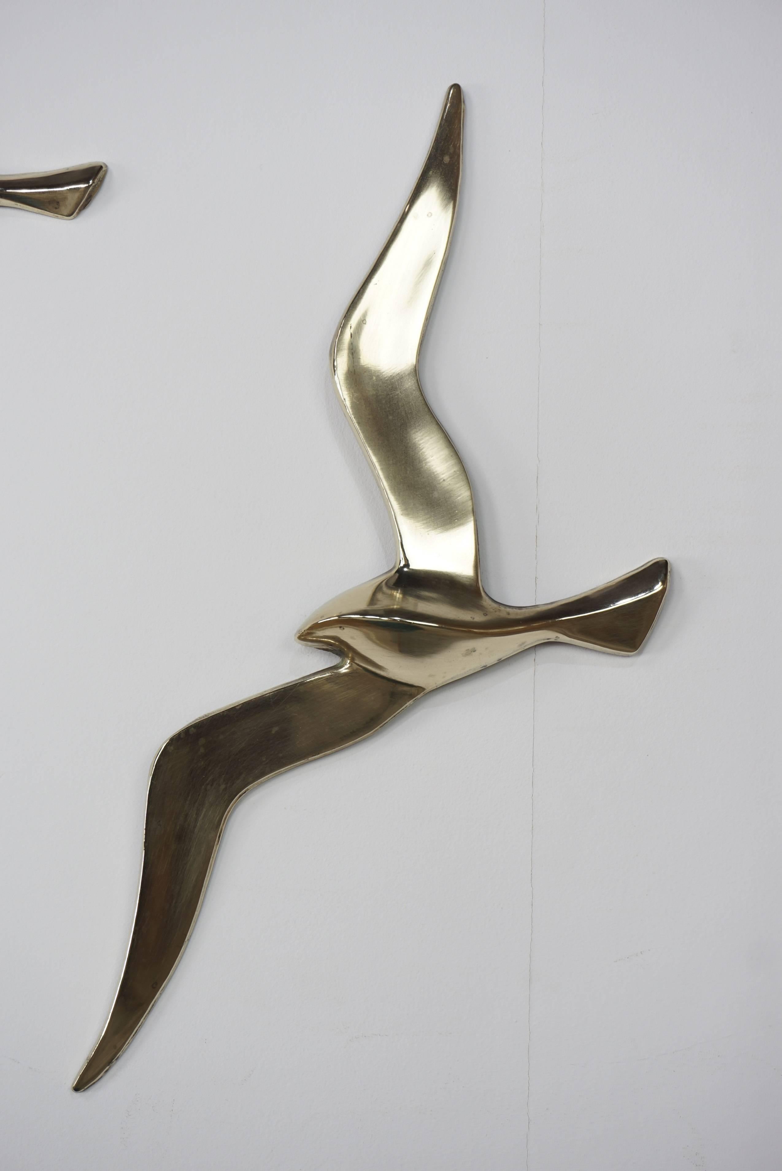 Mid-Century Modern Wall Mounted Set of Three Brass Birds from the 1950s