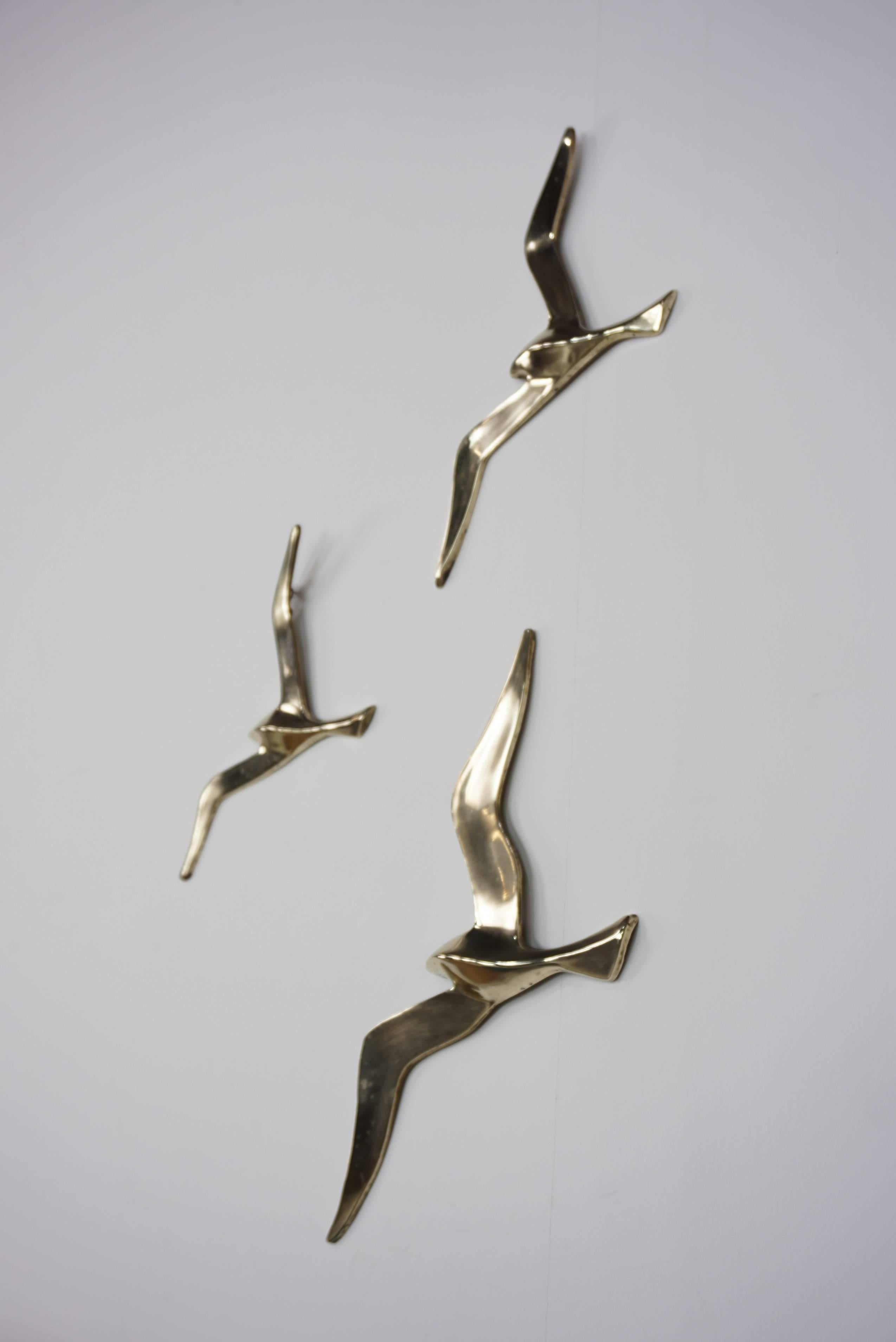 Mid-20th Century Wall Mounted Set of Three Brass Birds from the 1950s