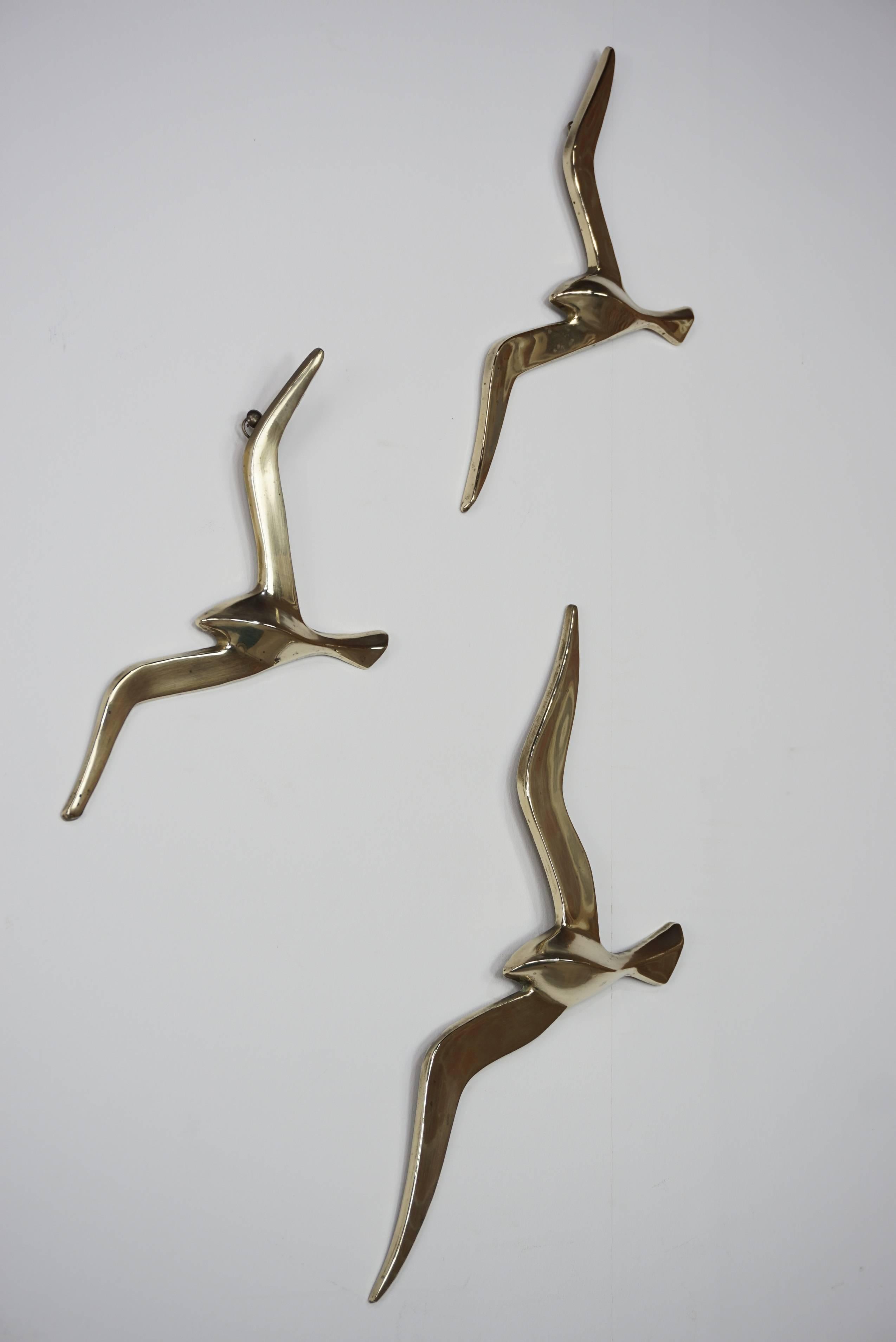 Wall Mounted Set of Three Brass Birds from the 1950s 1