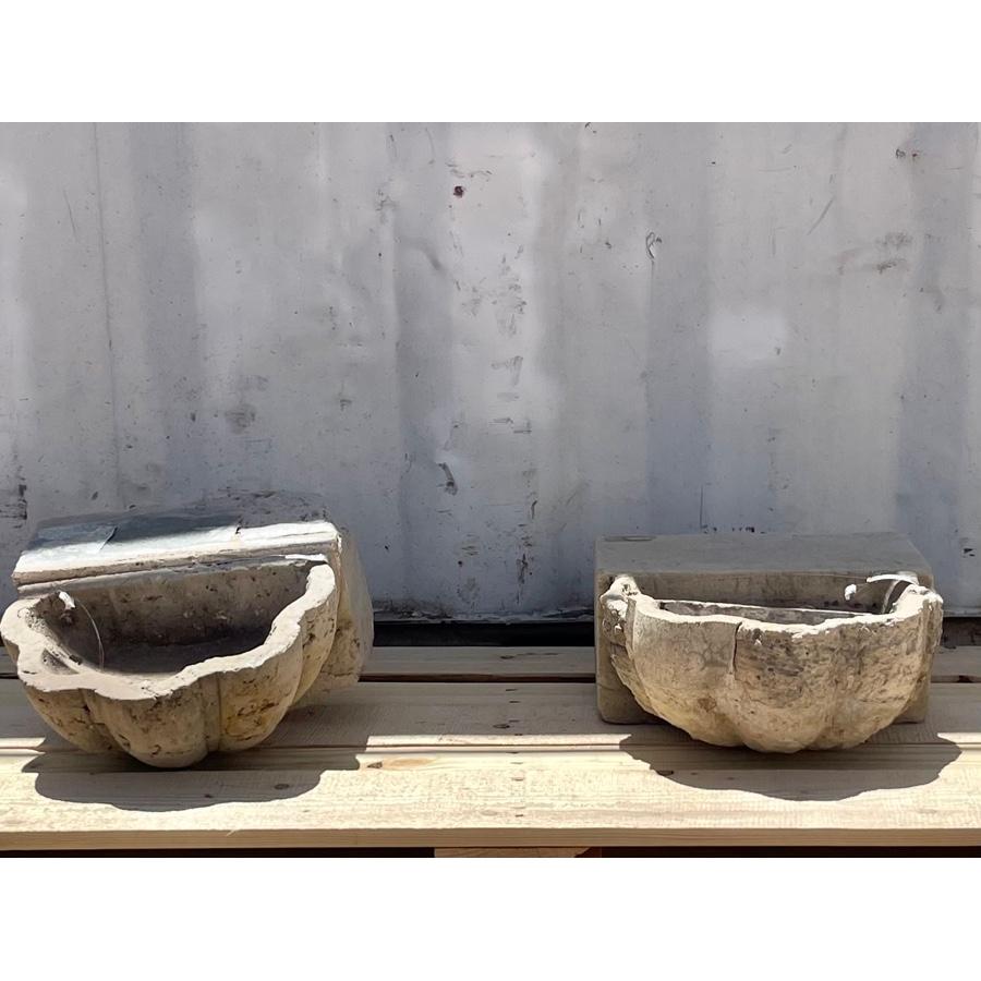 Unique shell fountain basins and accents. Both have some damage and repairs. One has metal insert.