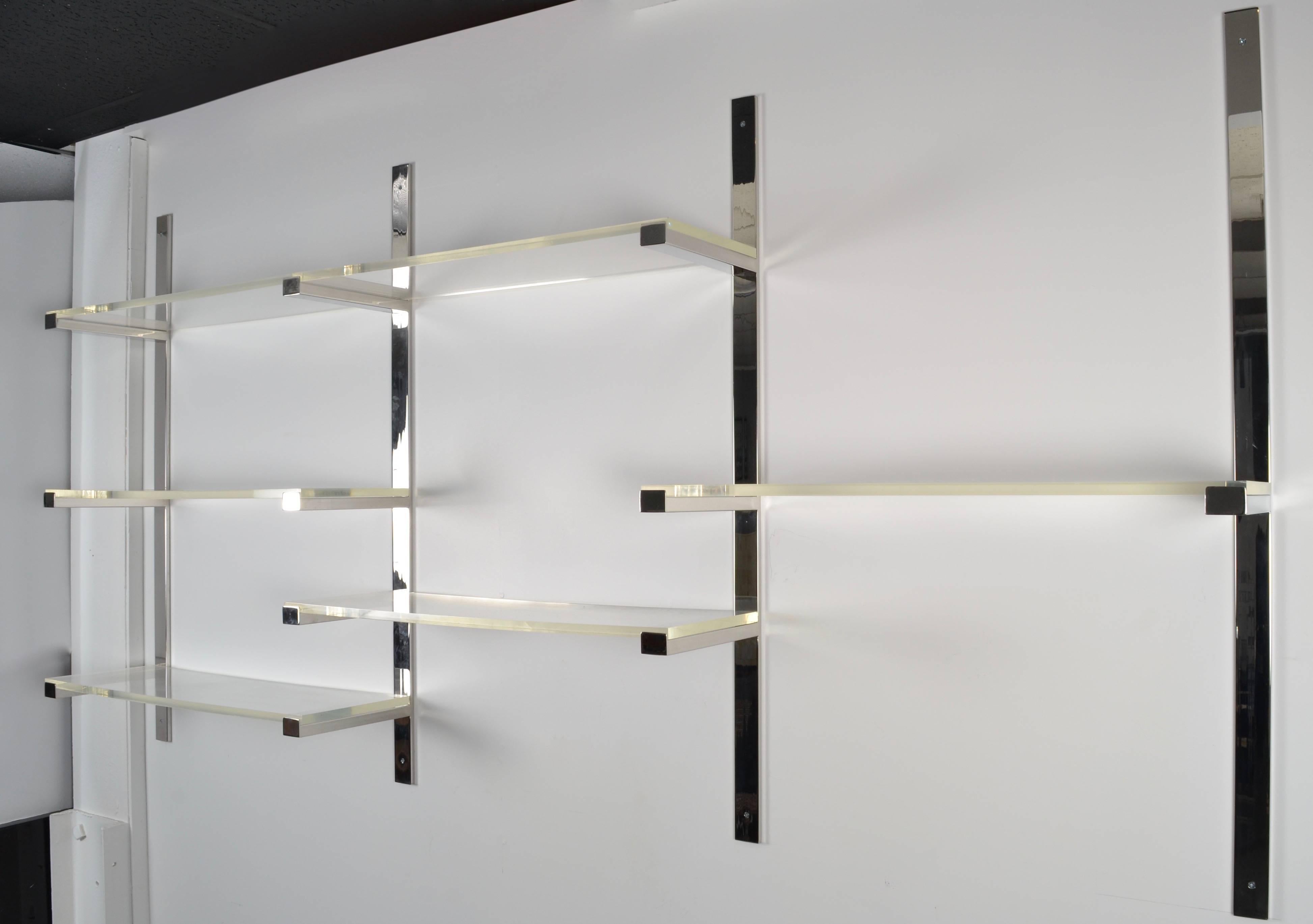Mid-Century Modern Wall-Mounted Shelving Unit in Chrome and Lucite, 1970s