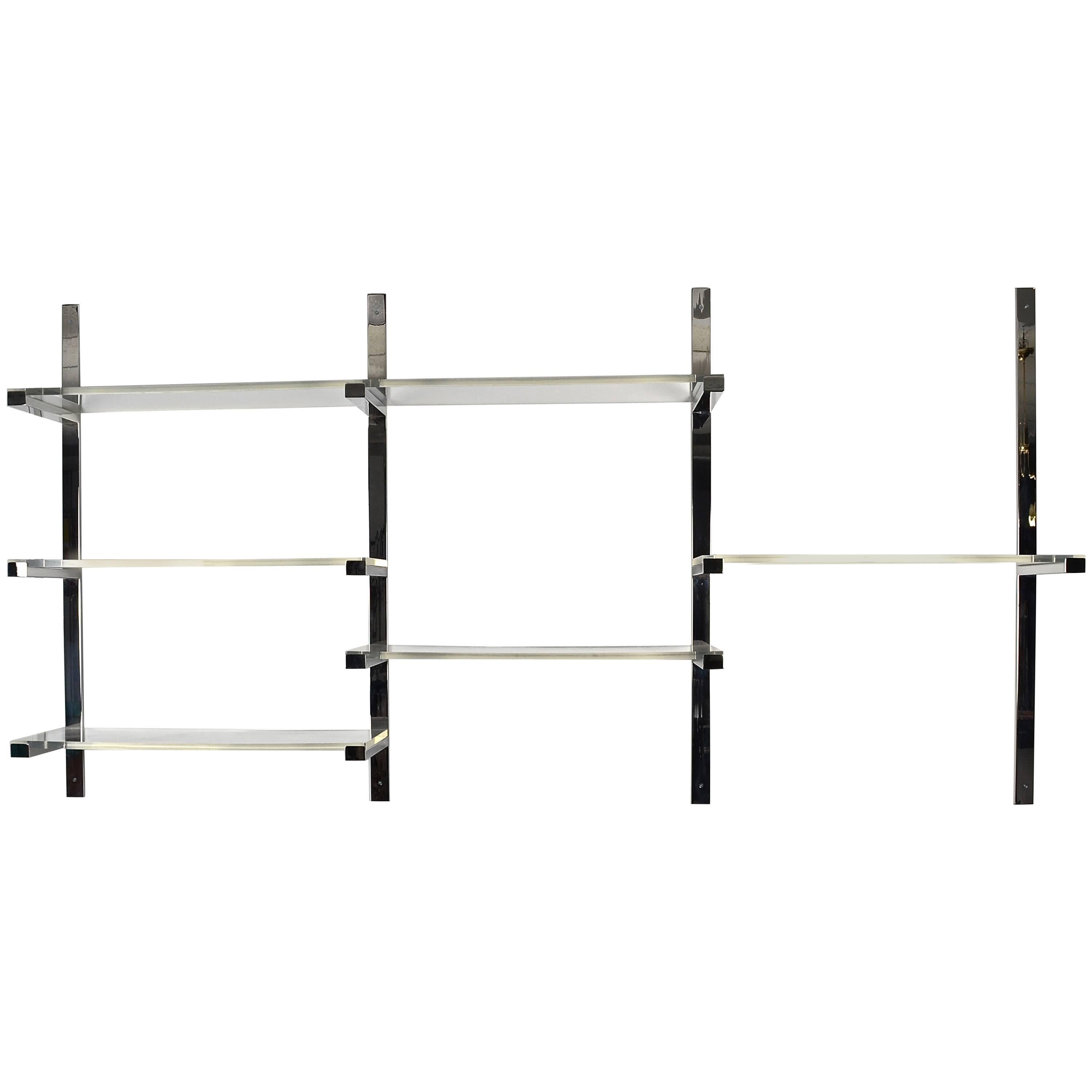 Wall-Mounted Shelving Unit in Chrome and Lucite, 1970s