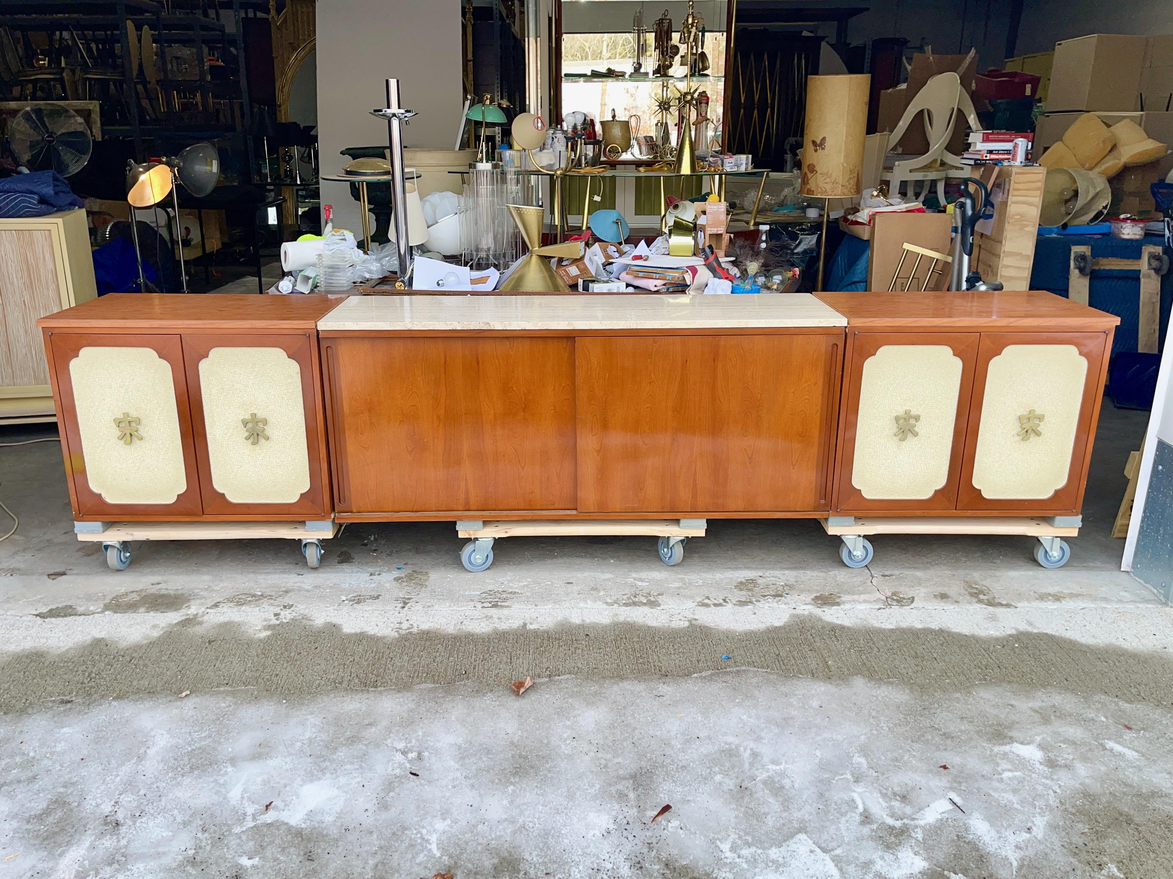 Wall-Mounted Sideboard Ten Foot Walnut & Travertine For Sale 5