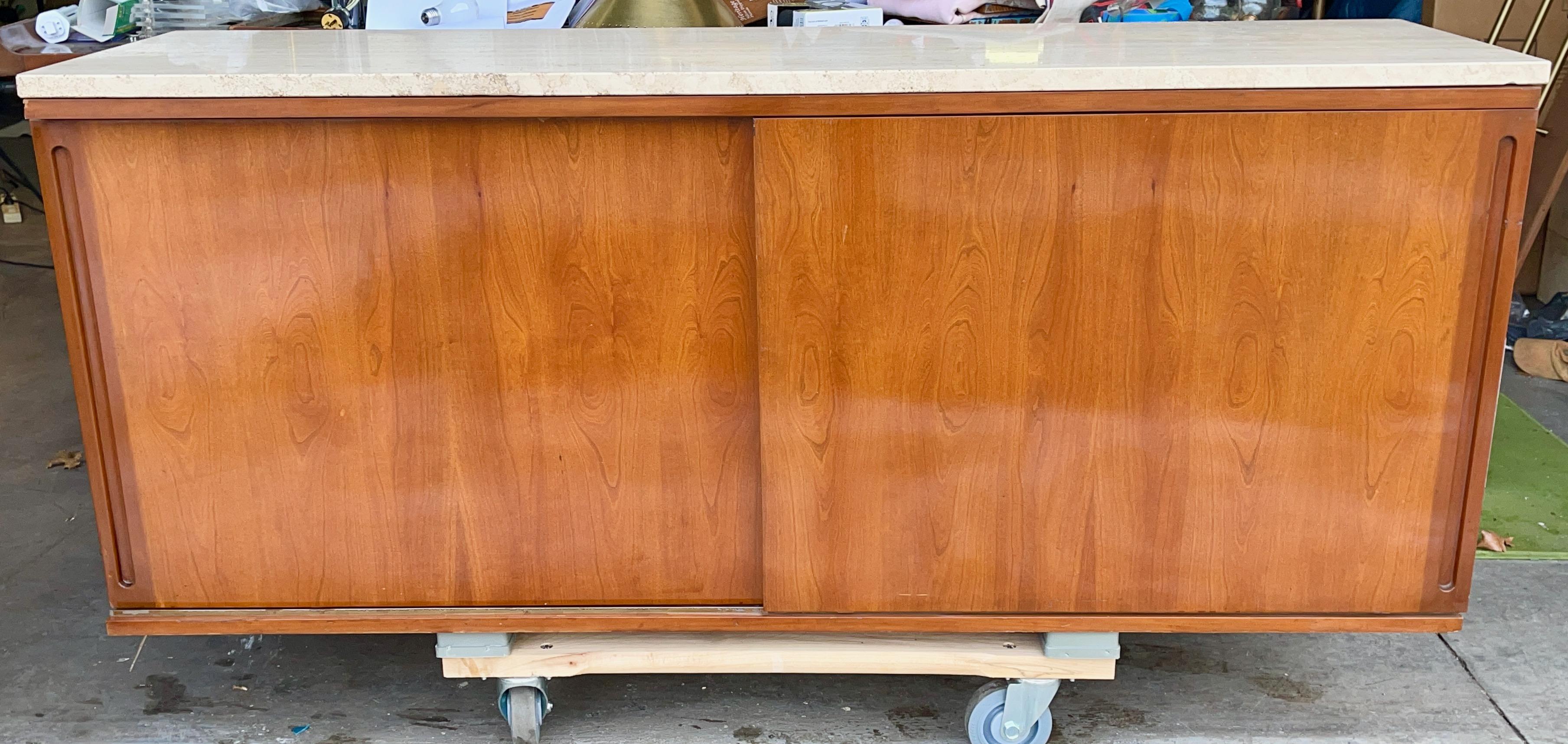 Wall-Mounted Sideboard Ten Foot Walnut & Travertine For Sale 8