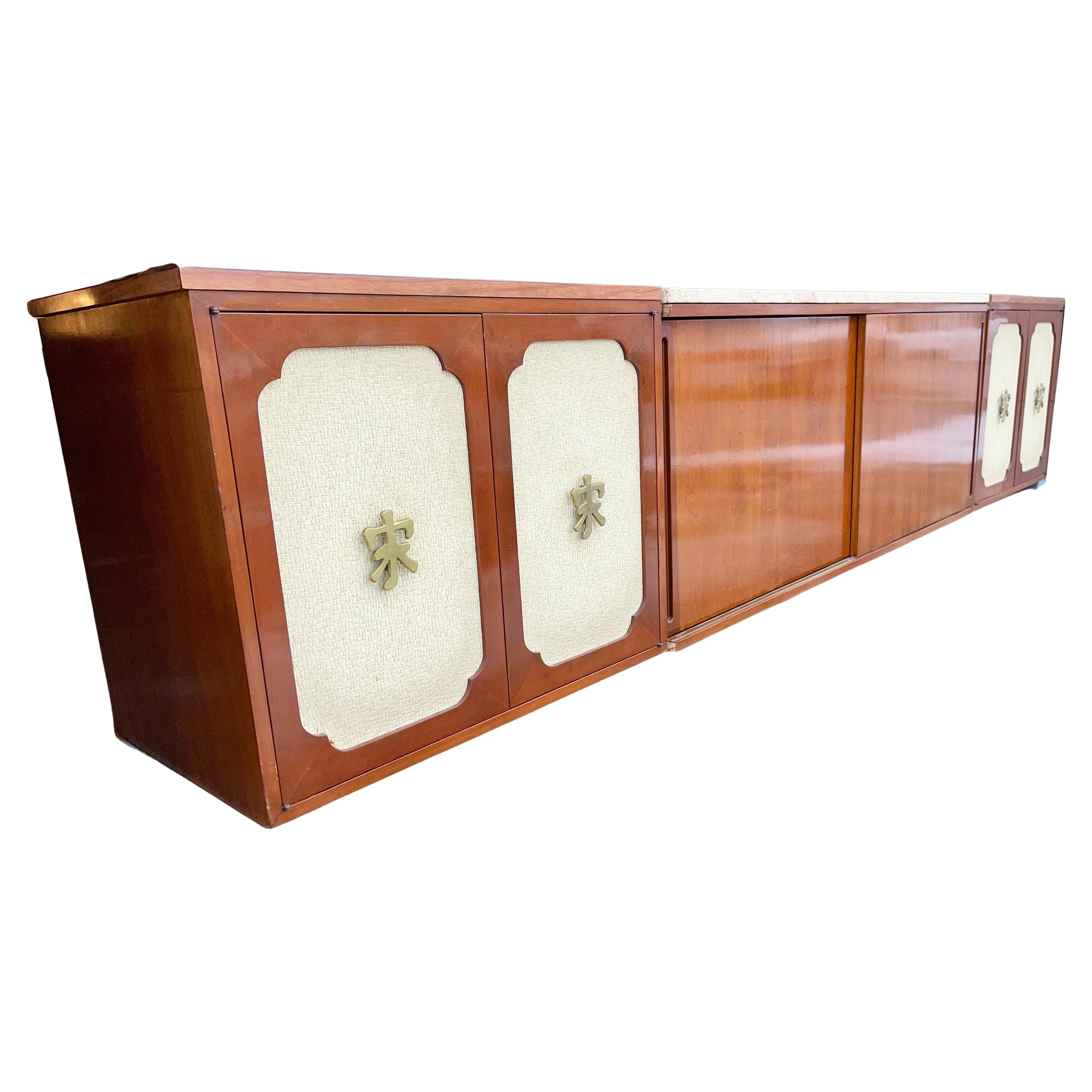 Hollywood Regency Wall-Mounted Sideboard Ten Foot Walnut & Travertine For Sale
