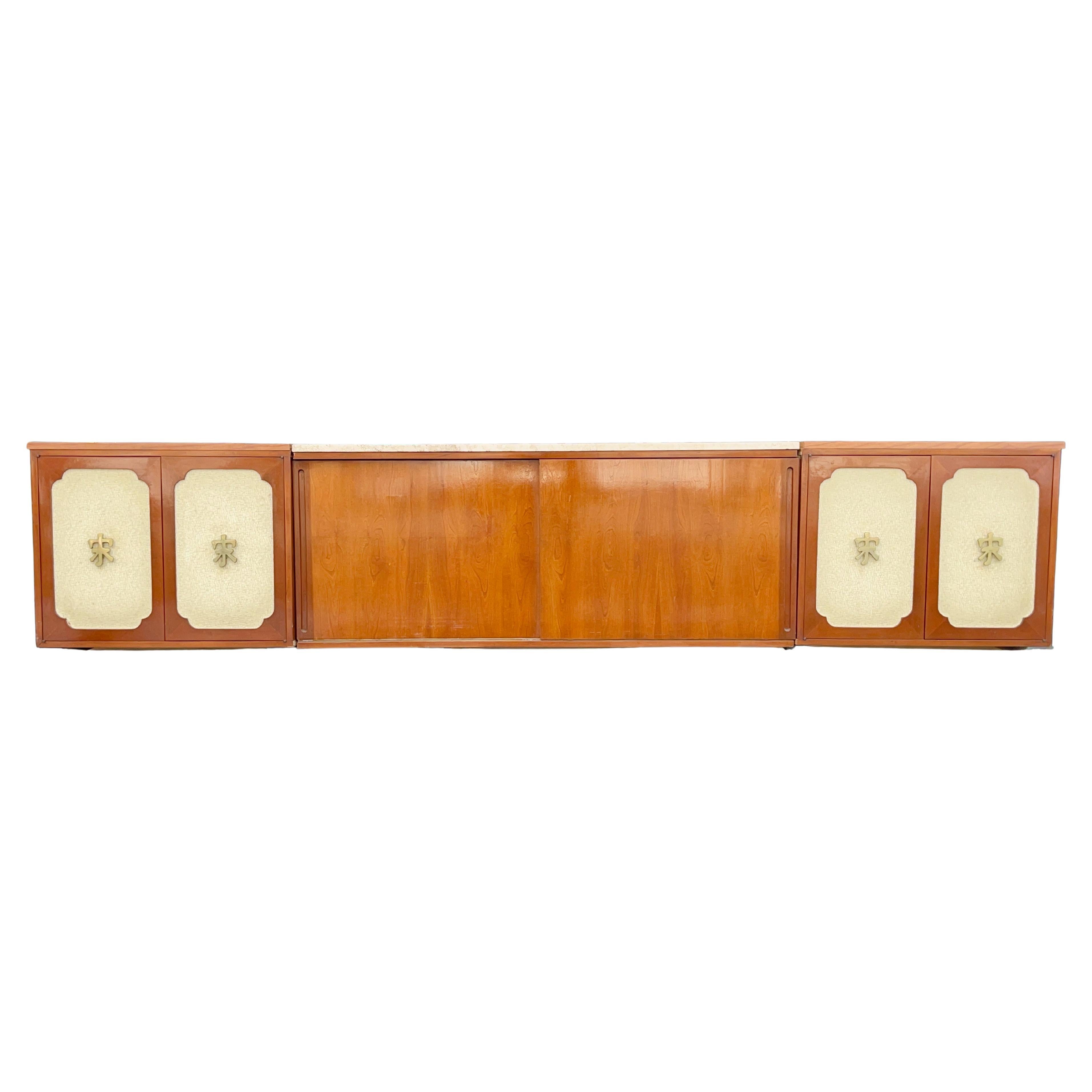 American Wall-Mounted Sideboard Ten Foot Walnut & Travertine For Sale