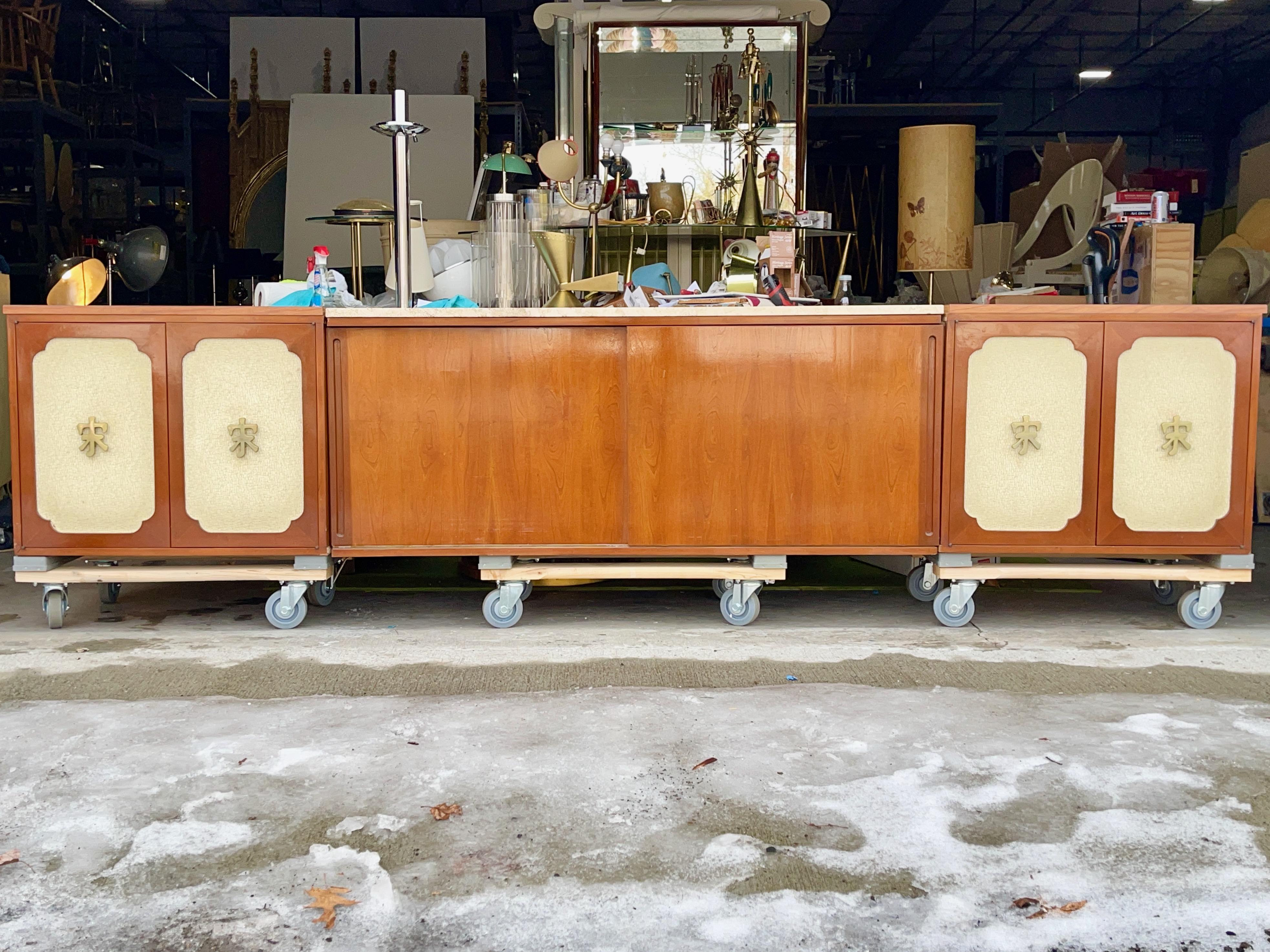Wall-Mounted Sideboard Ten Foot Walnut & Travertine In Good Condition For Sale In Hanover, MA