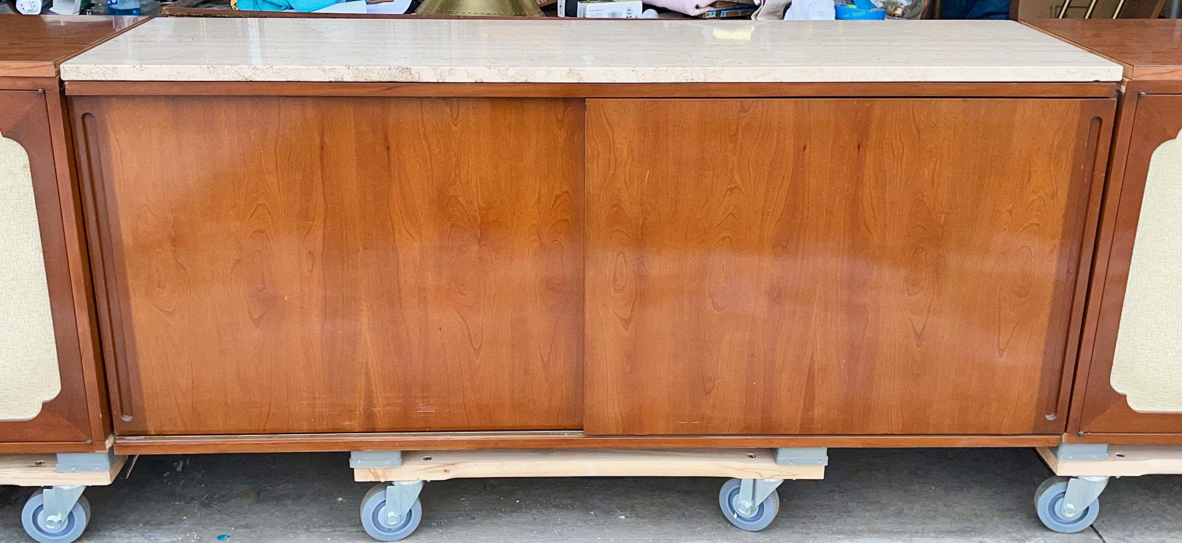 Brass Wall-Mounted Sideboard Ten Foot Walnut & Travertine For Sale