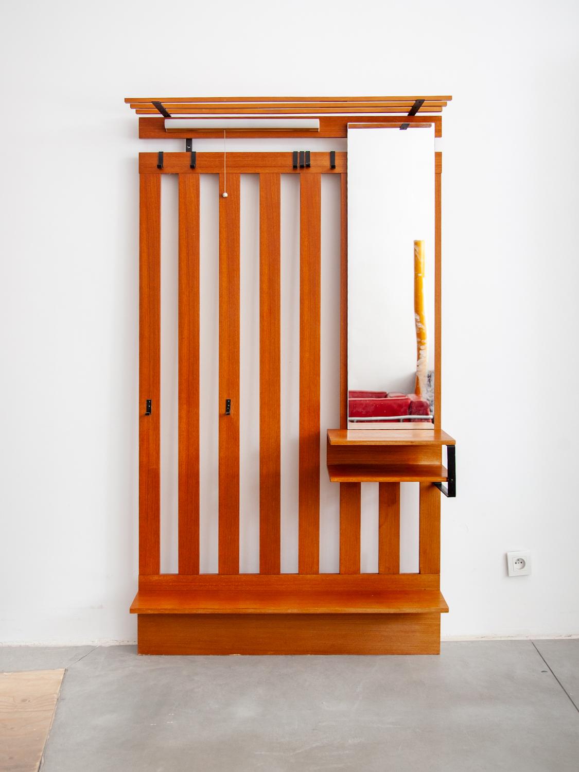 Mid-Century Modern Wall mounted Slatted Large Entry Coat and Hat Rack with Mirror and Shelf, 1960s