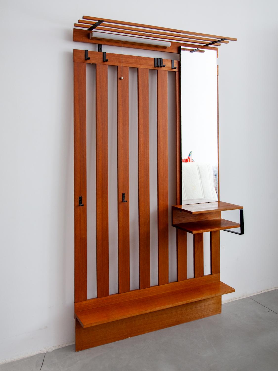 Belgian Wall mounted Slatted Large Entry Coat and Hat Rack with Mirror and Shelf, 1960s
