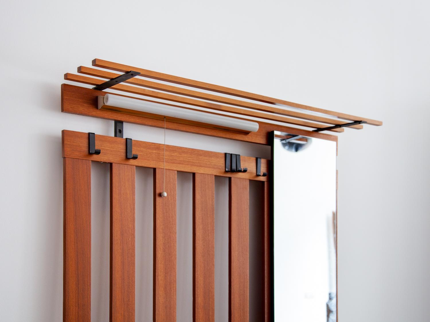 Hand-Crafted Wall mounted Slatted Large Entry Coat and Hat Rack with Mirror and Shelf, 1960s