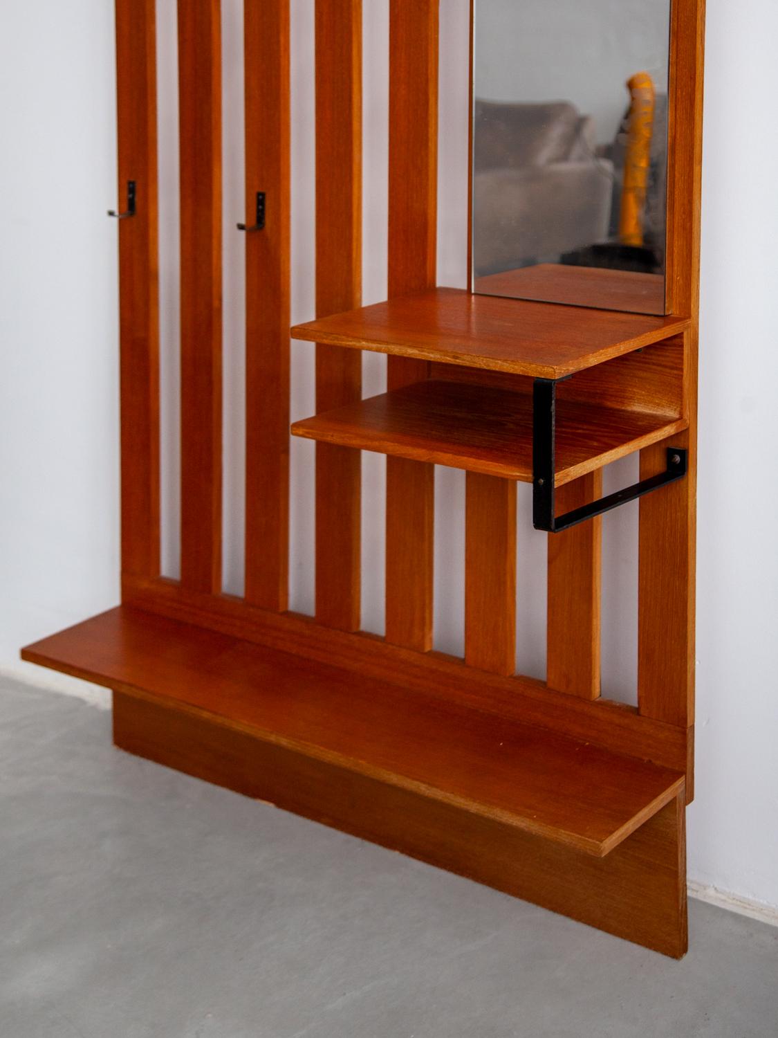 Mid-20th Century Wall mounted Slatted Large Entry Coat and Hat Rack with Mirror and Shelf, 1960s
