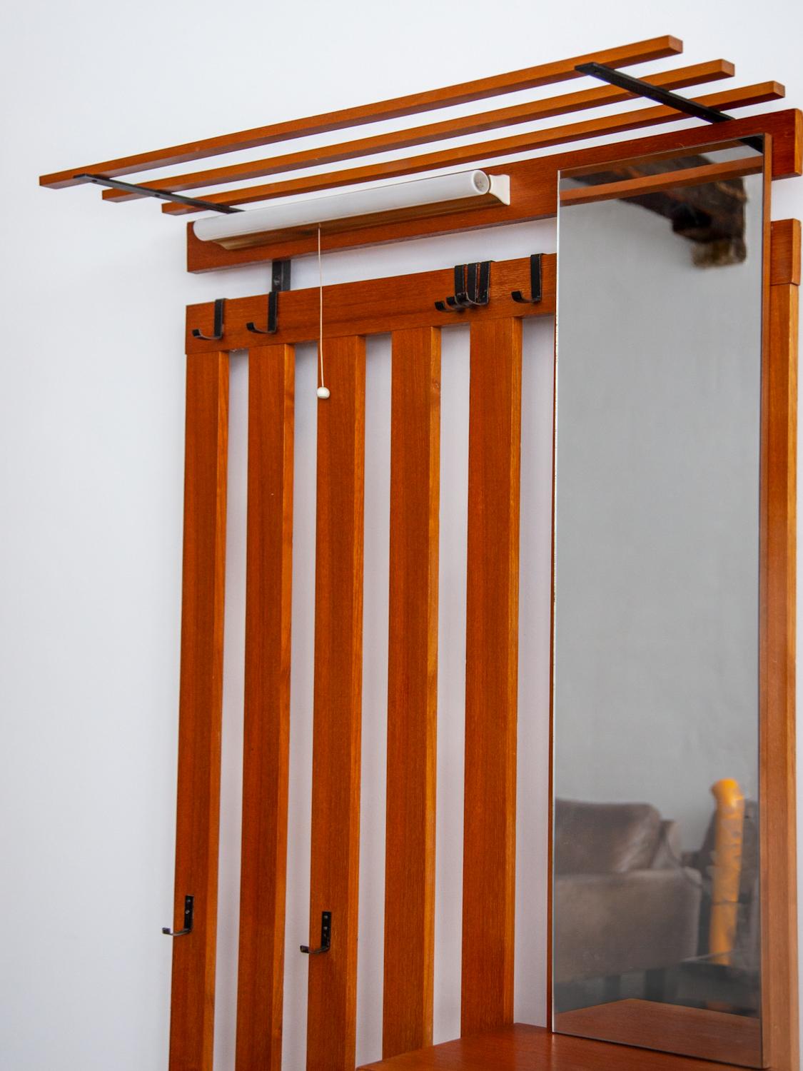 Metal Wall mounted Slatted Large Entry Coat and Hat Rack with Mirror and Shelf, 1960s