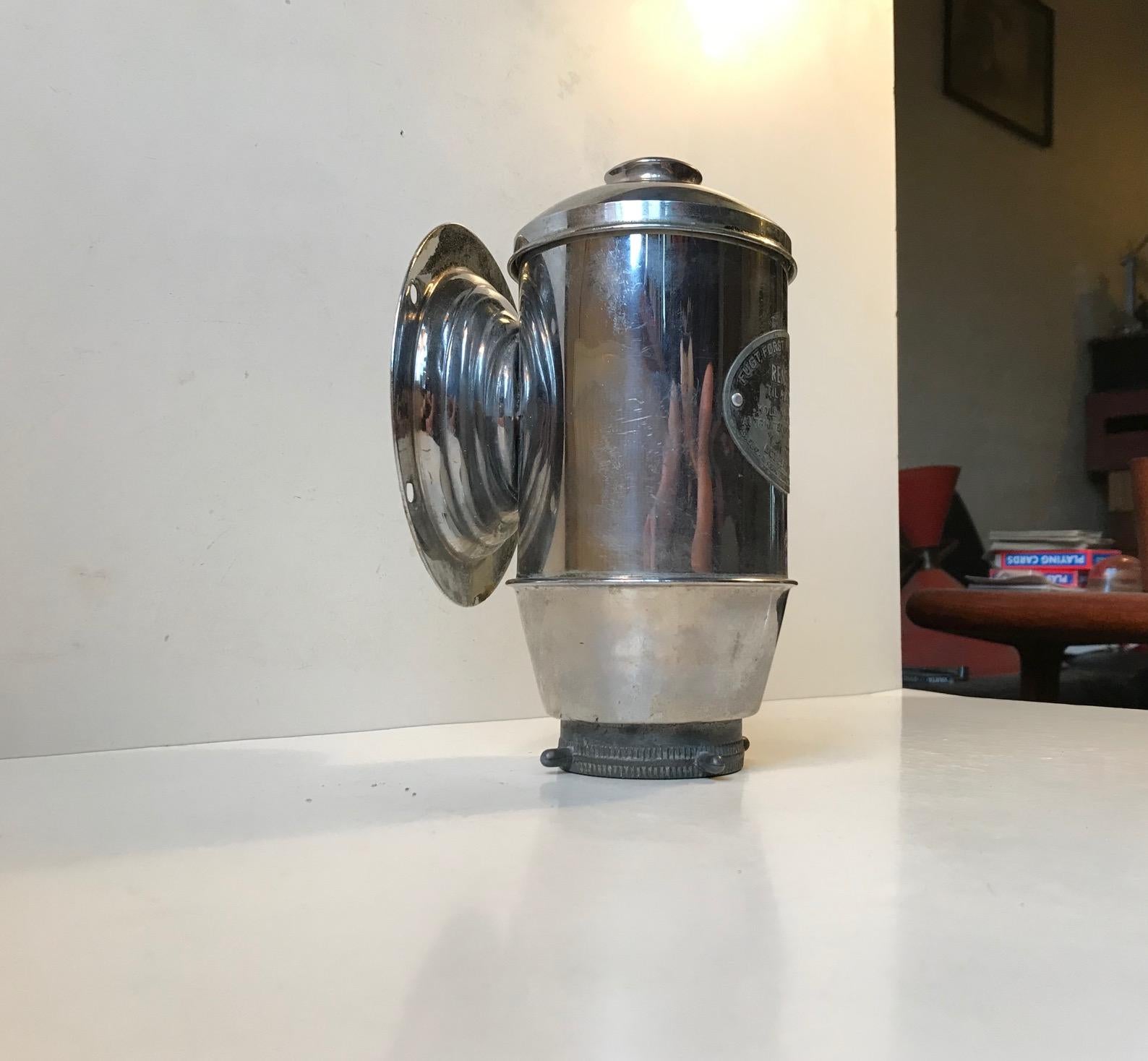 Fully functional mechanical soap dispenser for hard soap/soap powder. Construction in chrome-plated steel with aluminium mechanism. It has an industrial provenance and has been used. Designed and manufactured by Bollerup Jensen in Tarm Denmark