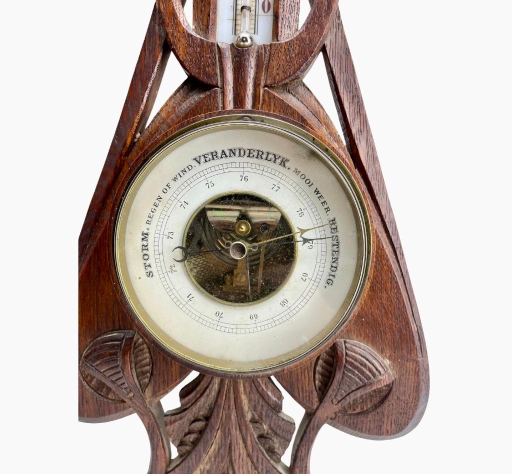 Hand-Carved Wall-Mounted Weather Station in Art Nouveau Style Carved Oak  1910s For Sale