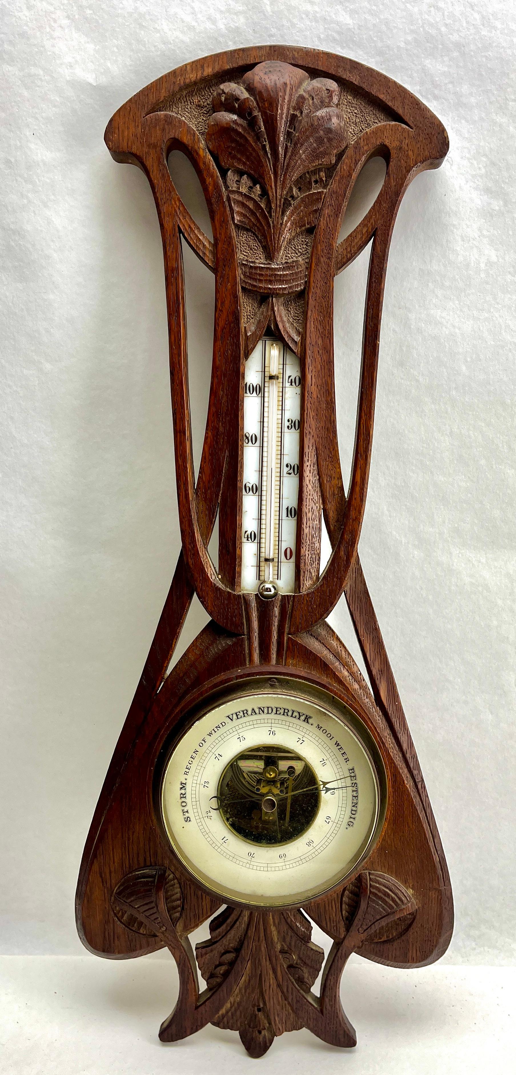 Wall-Mounted Weather Station in Art Nouveau Style Carved Oak  1910s For Sale 1