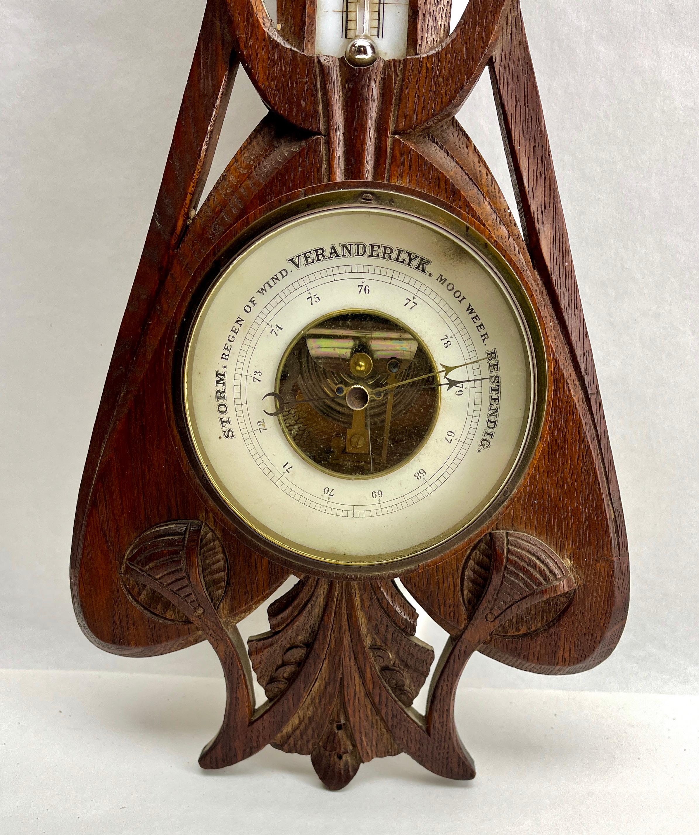 Wall-Mounted Weather Station in Art Nouveau Style Carved Oak  1910s 2