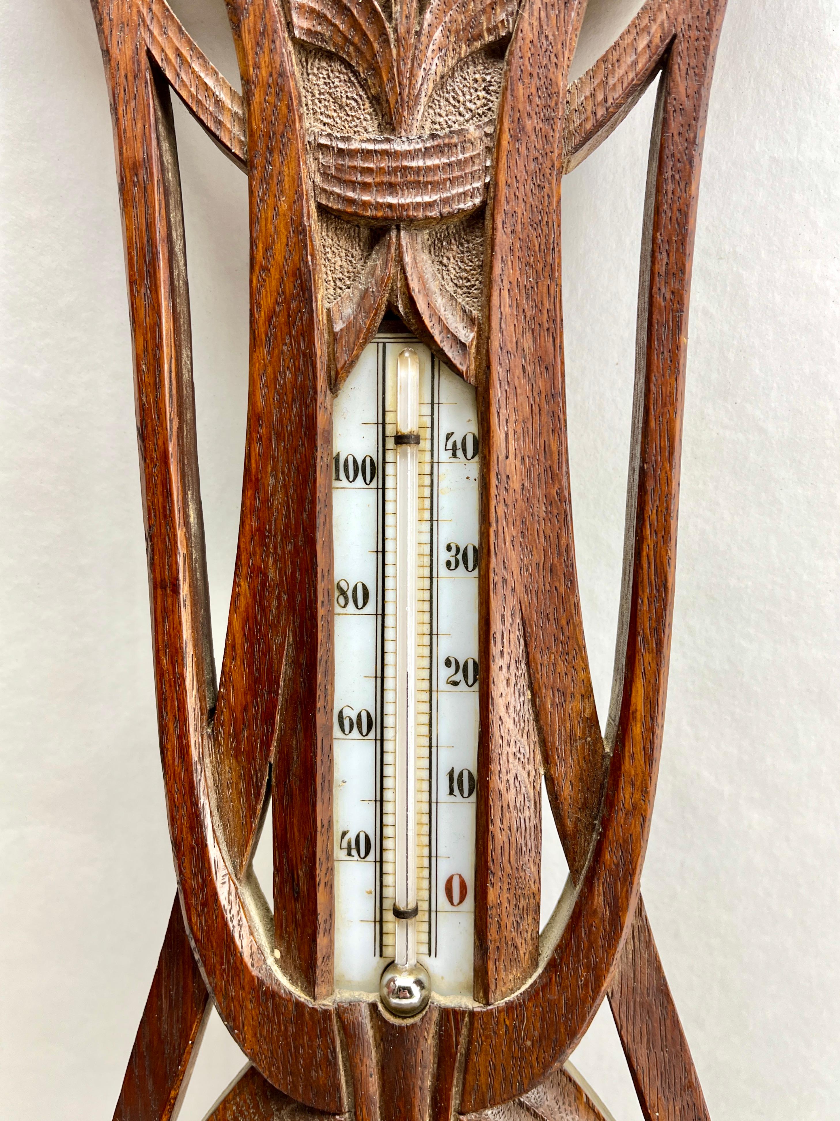 Wall-Mounted Weather Station in Art Nouveau Style Carved Oak  1910s 3