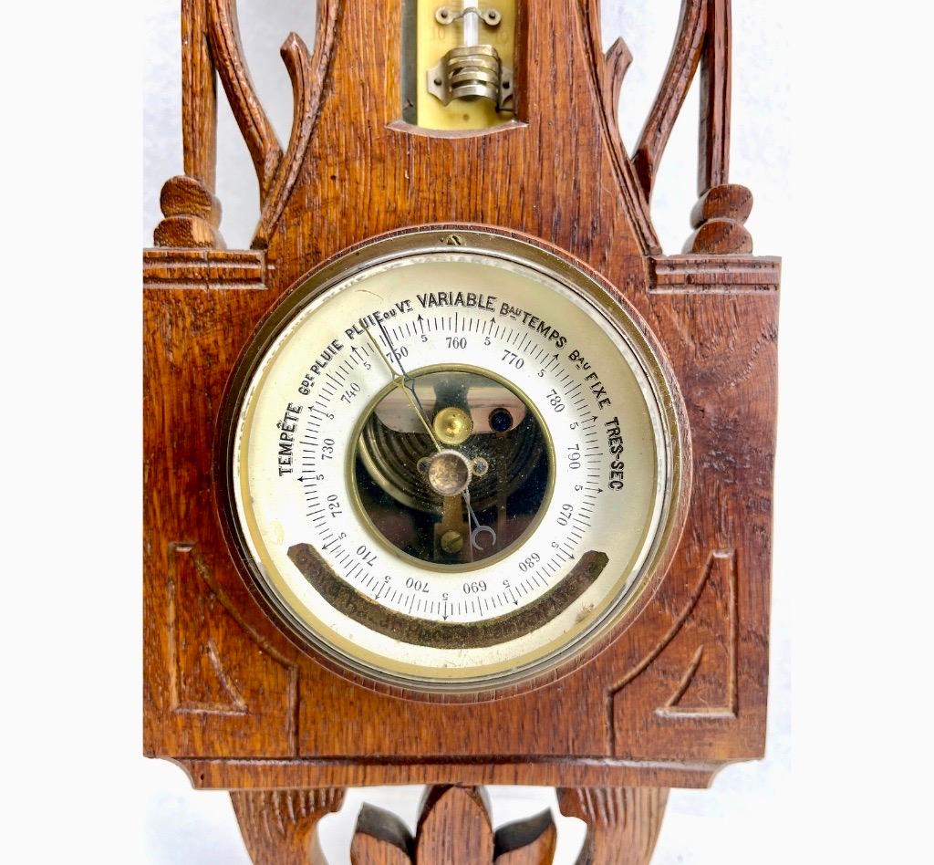 Hand-Carved Wall-Mounted Weather Station in Art Nouveau Style Carved Oak By Grand Bazar For Sale