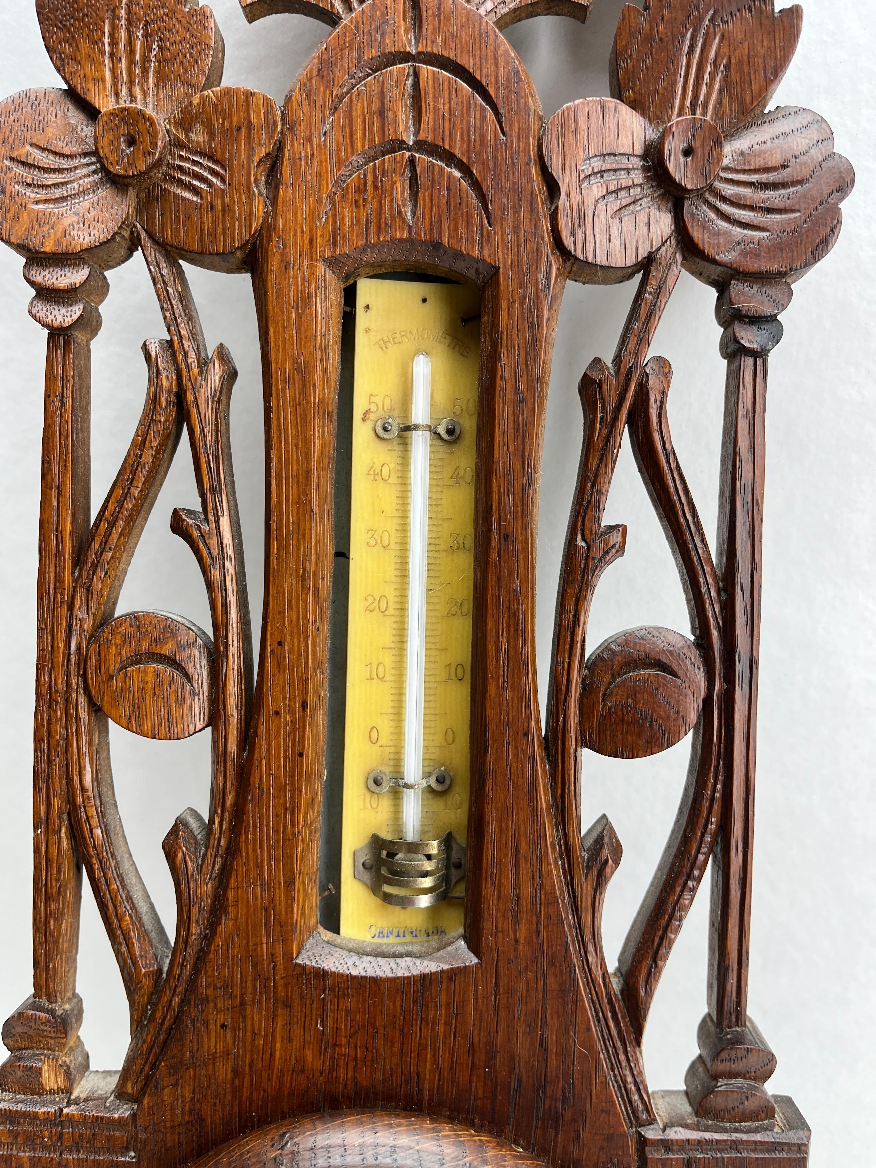 Wall-Mounted Weather Station in Art Nouveau Style Carved Oak By Grand Bazar For Sale 2
