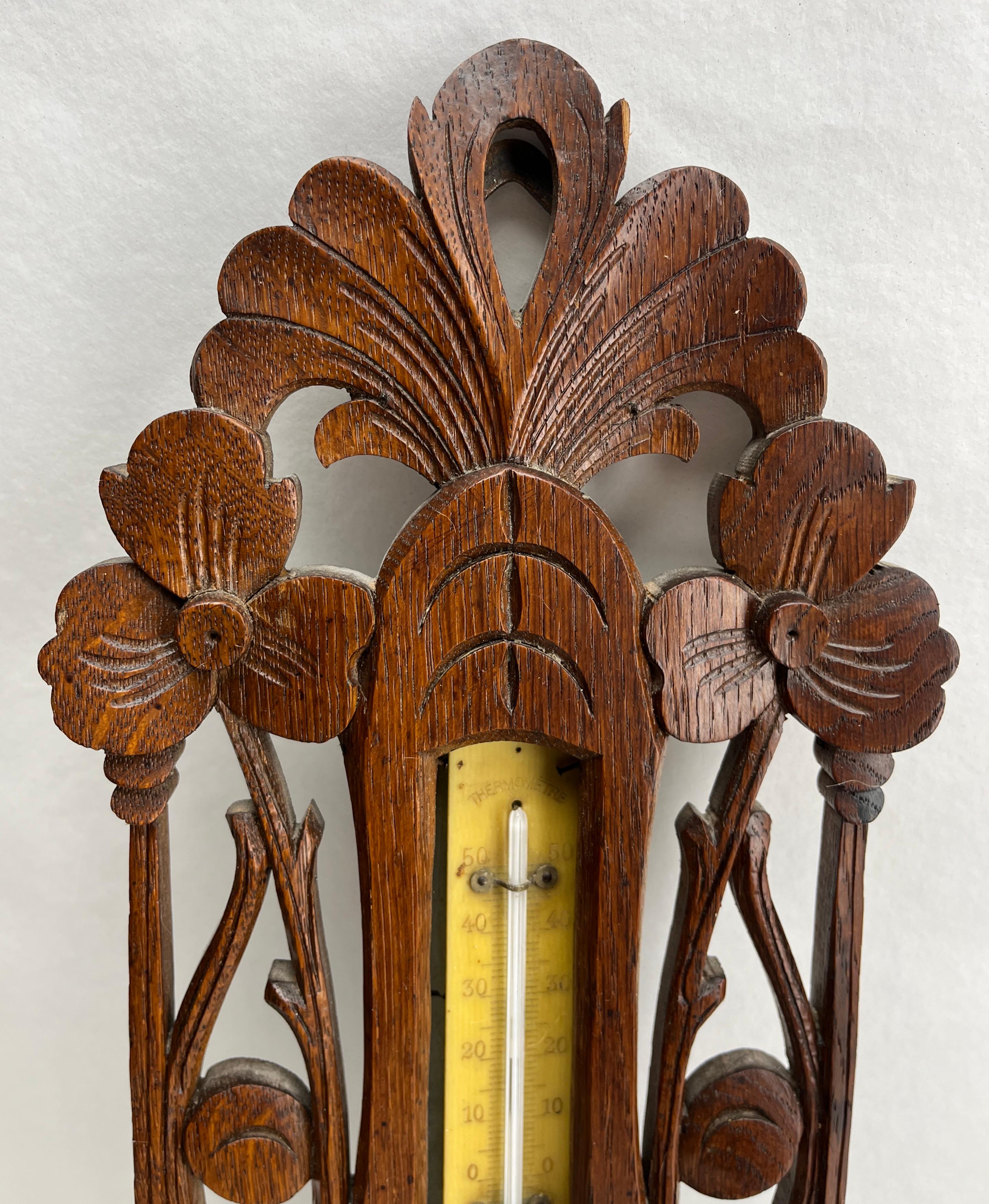 Wall-Mounted Weather Station in Art Nouveau Style Carved Oak By Grand Bazar For Sale 3