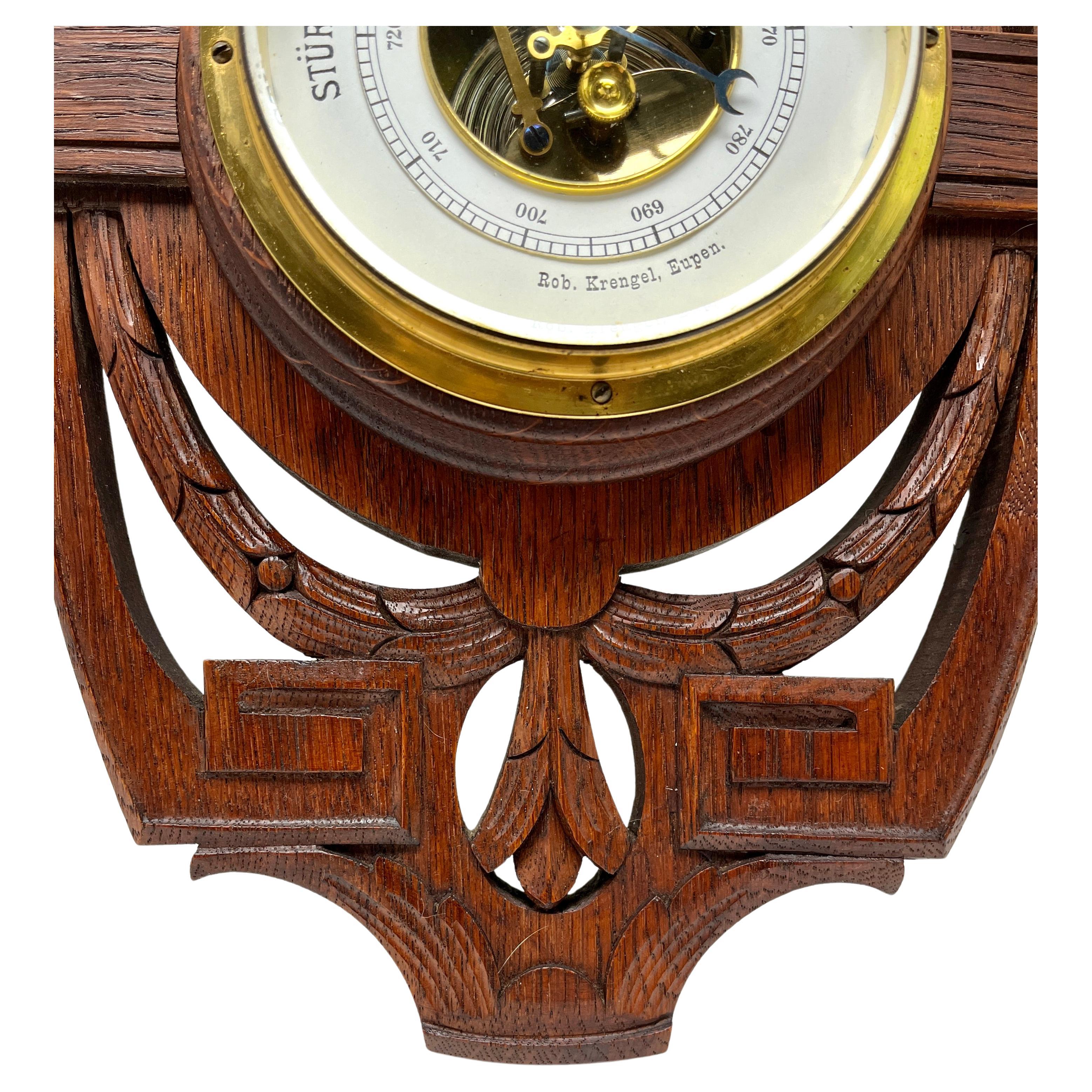 Belgian Wall-Mounted Weather Station in Art Nouveau Style Carved Oak By R. Krengel 1910s For Sale