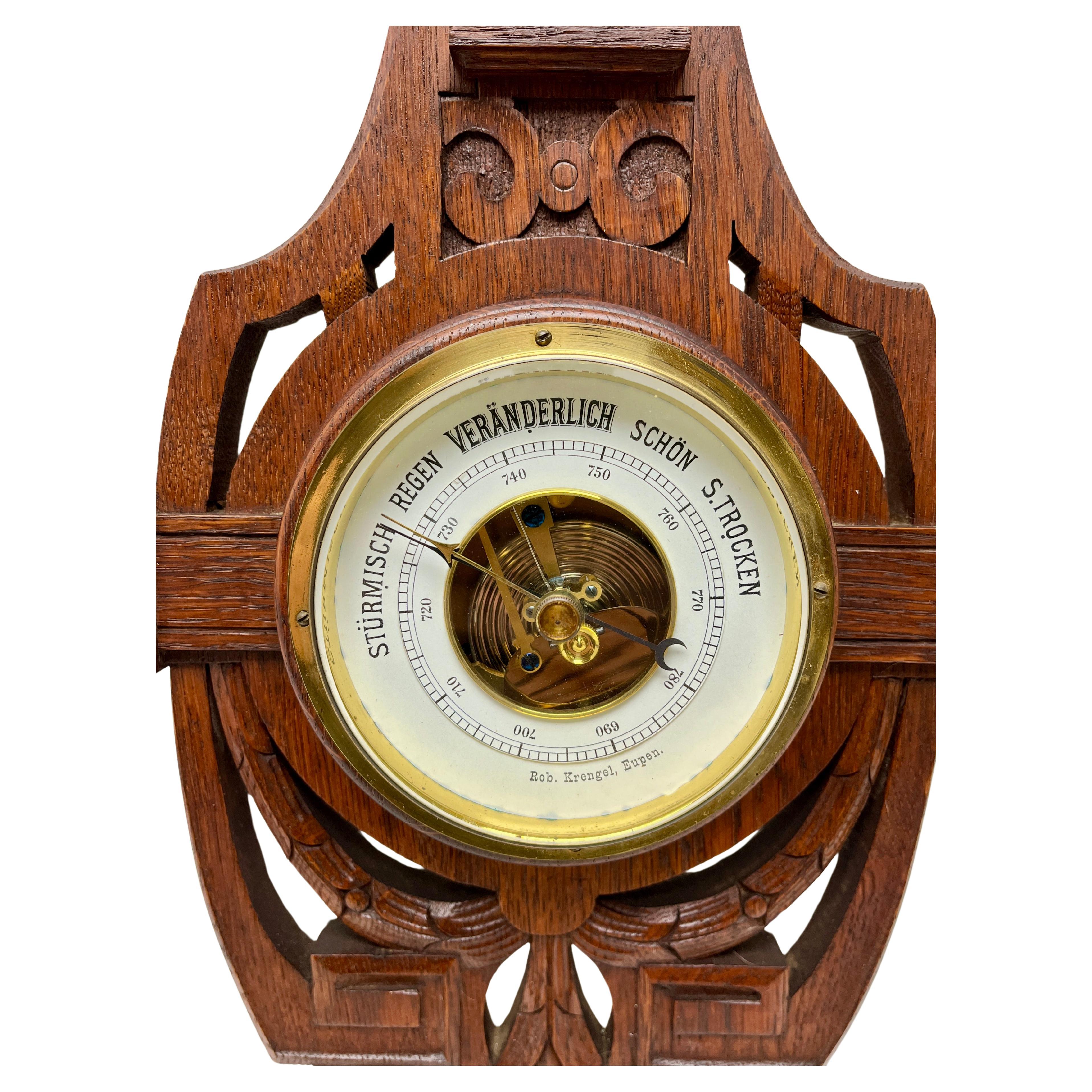 Hand-Carved Wall-Mounted Weather Station in Art Nouveau Style Carved Oak By R. Krengel 1910s For Sale