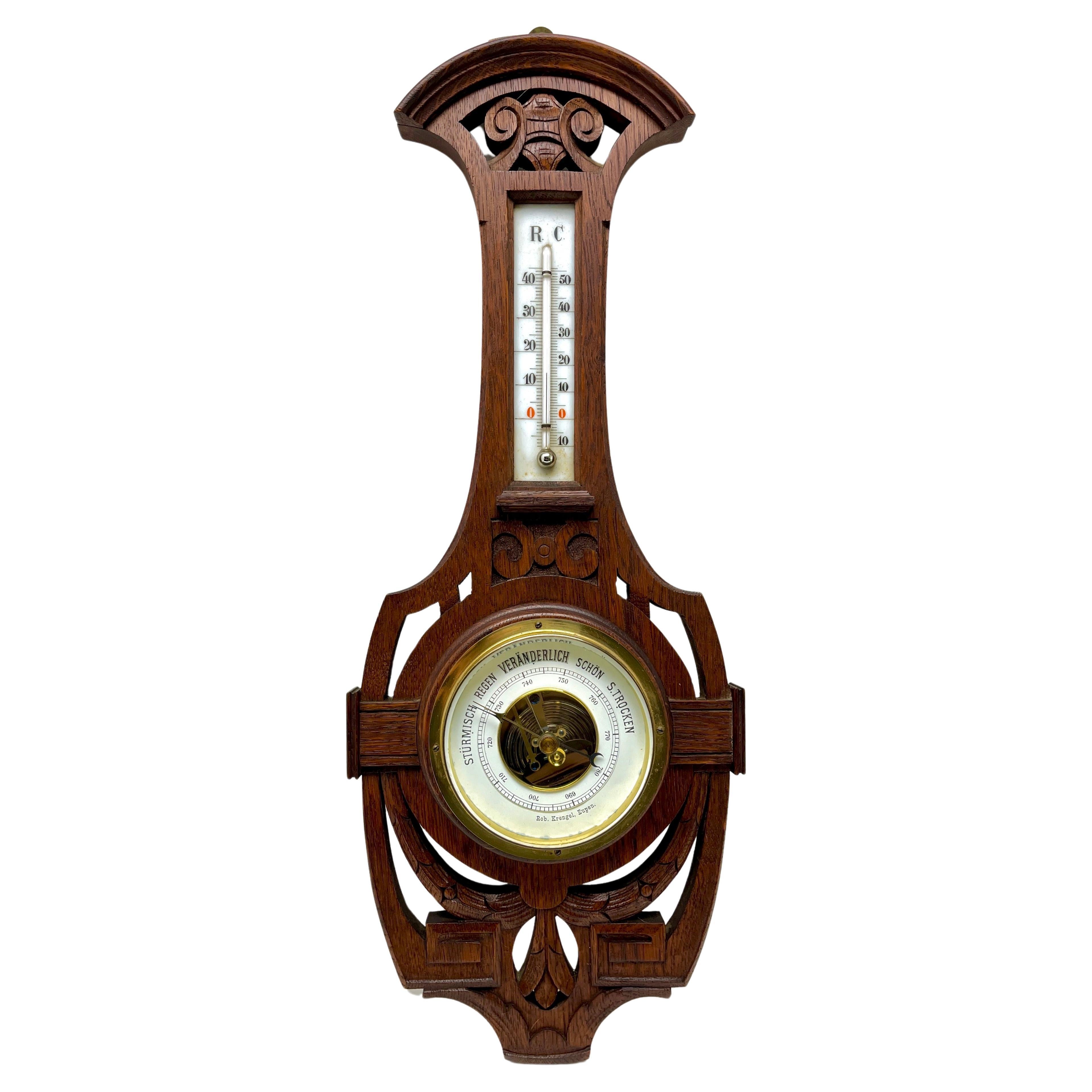 Wall-Mounted Weather Station in Art Nouveau Style Carved Oak By R. Krengel 1910s In Good Condition For Sale In Verviers, BE