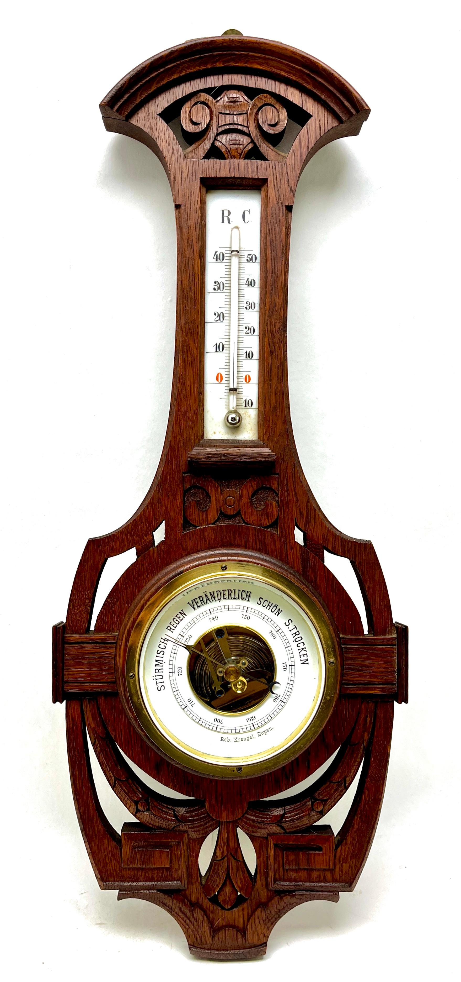 Wall-Mounted Weather Station in Art Nouveau Style Carved Oak By R. Krengel 1910s For Sale 1
