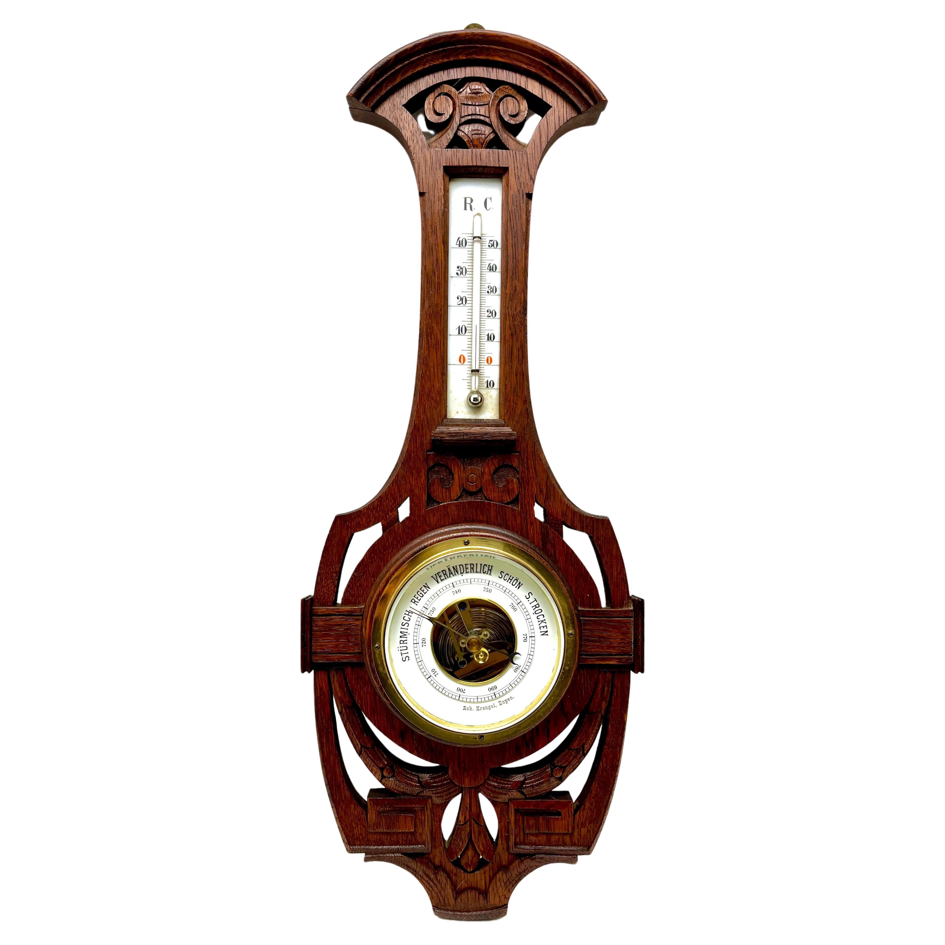 Wall-Mounted Weather Station in Art Nouveau Style Carved Oak By R. Krengel 1910s