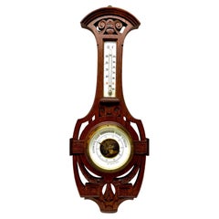 Antique Wall-Mounted Weather Station in Art Nouveau Style Carved Oak By R. Krengel 1910s