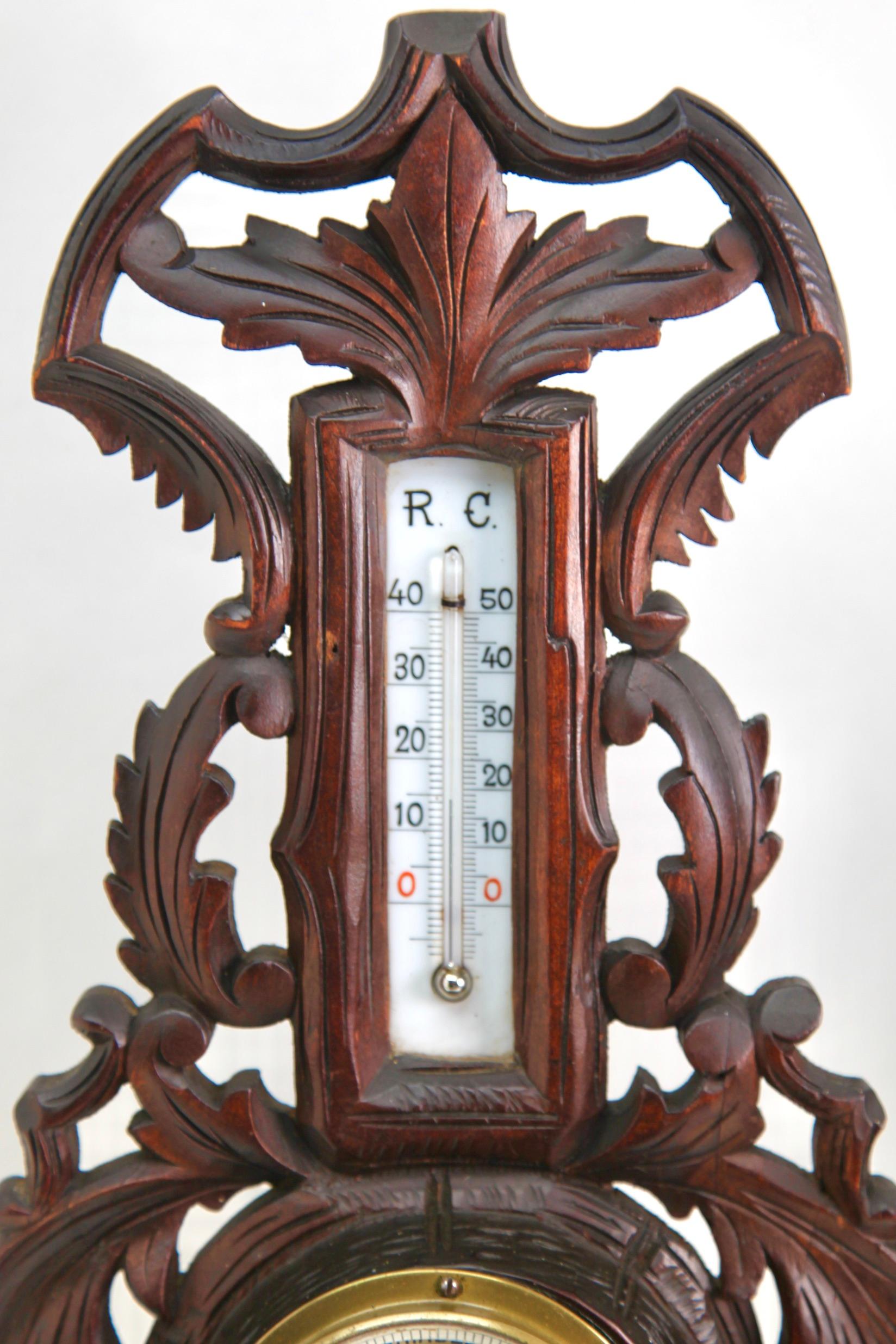 Belgian Wall-Mounted Weather Station in Art Nouveau Style Carved Walnut  1910s For Sale