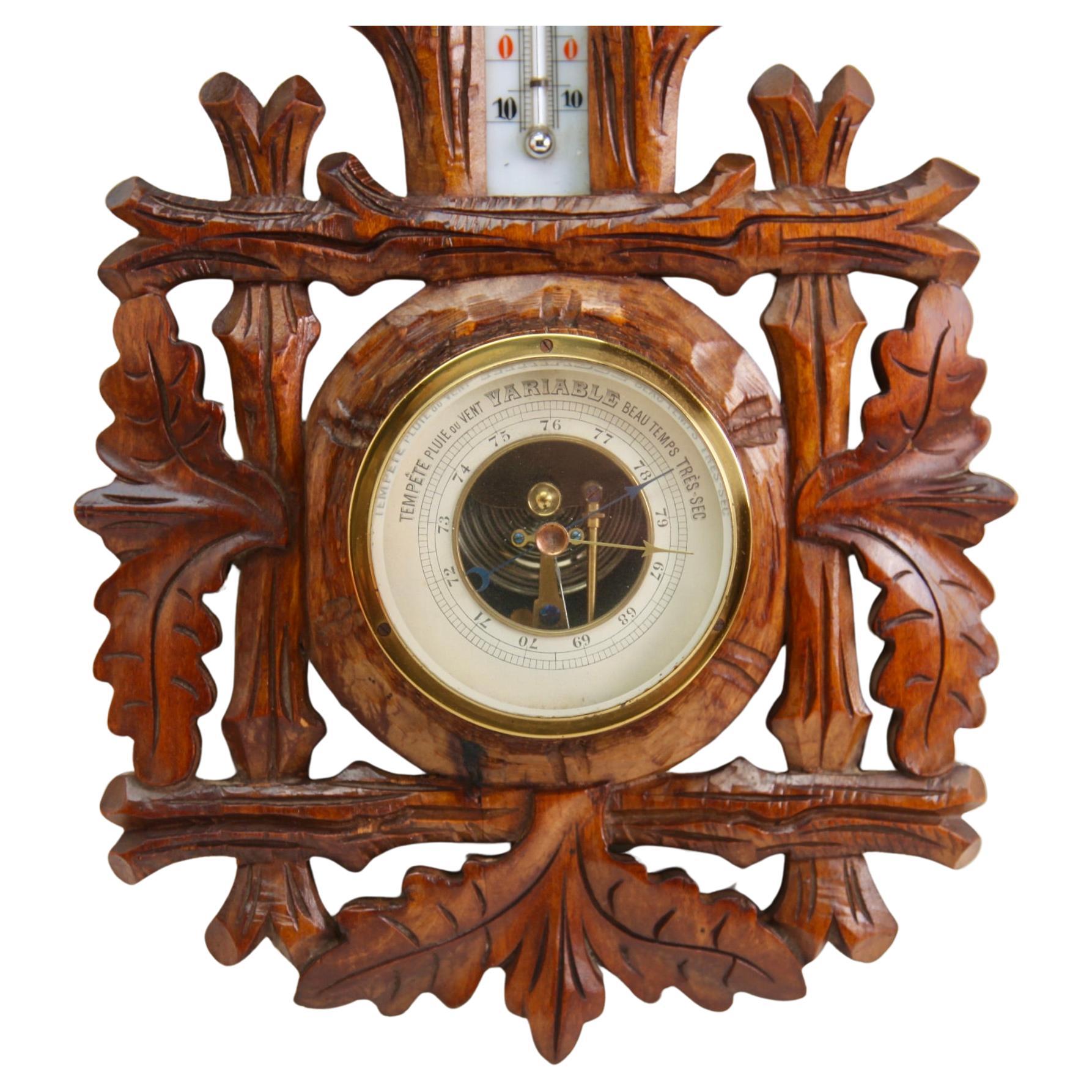 Belgian Wall-Mounted Weather Station in Art Nouveau Style Carved Walnut  1910s For Sale