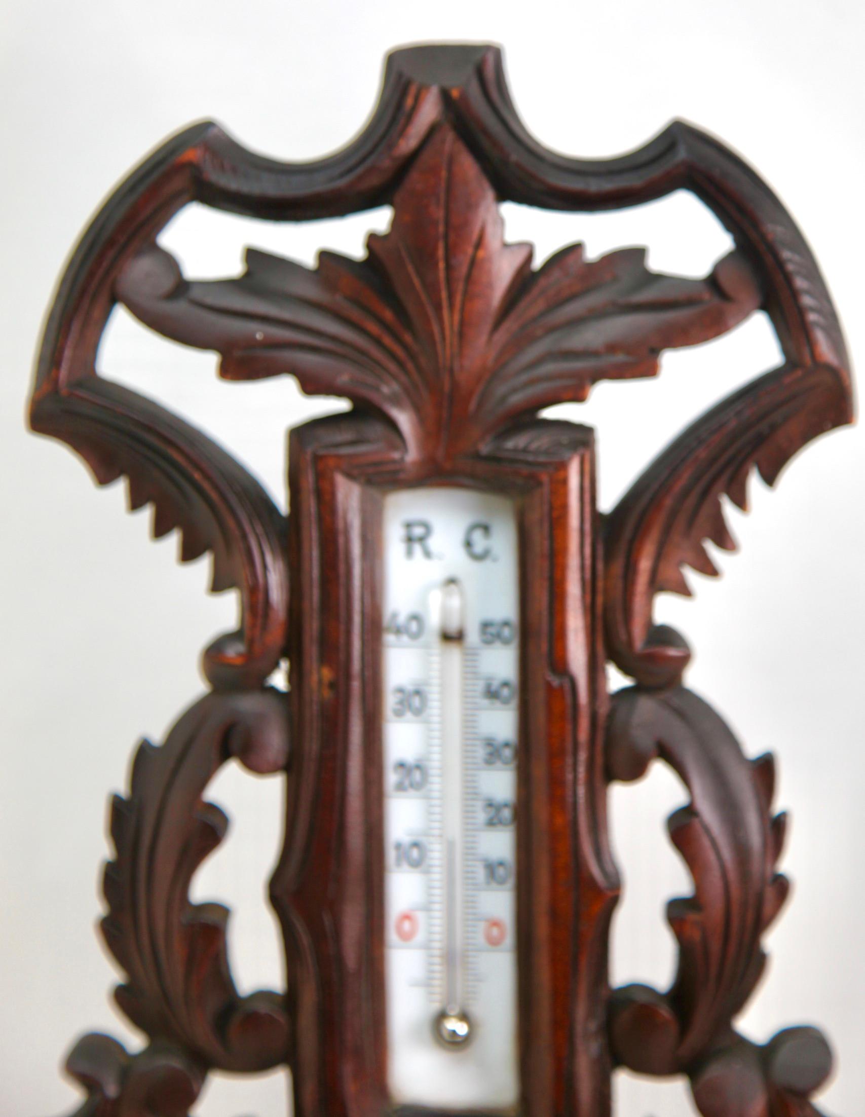 Wall-Mounted Weather Station in Art Nouveau Style Carved Walnut  1910s In Good Condition For Sale In Verviers, BE